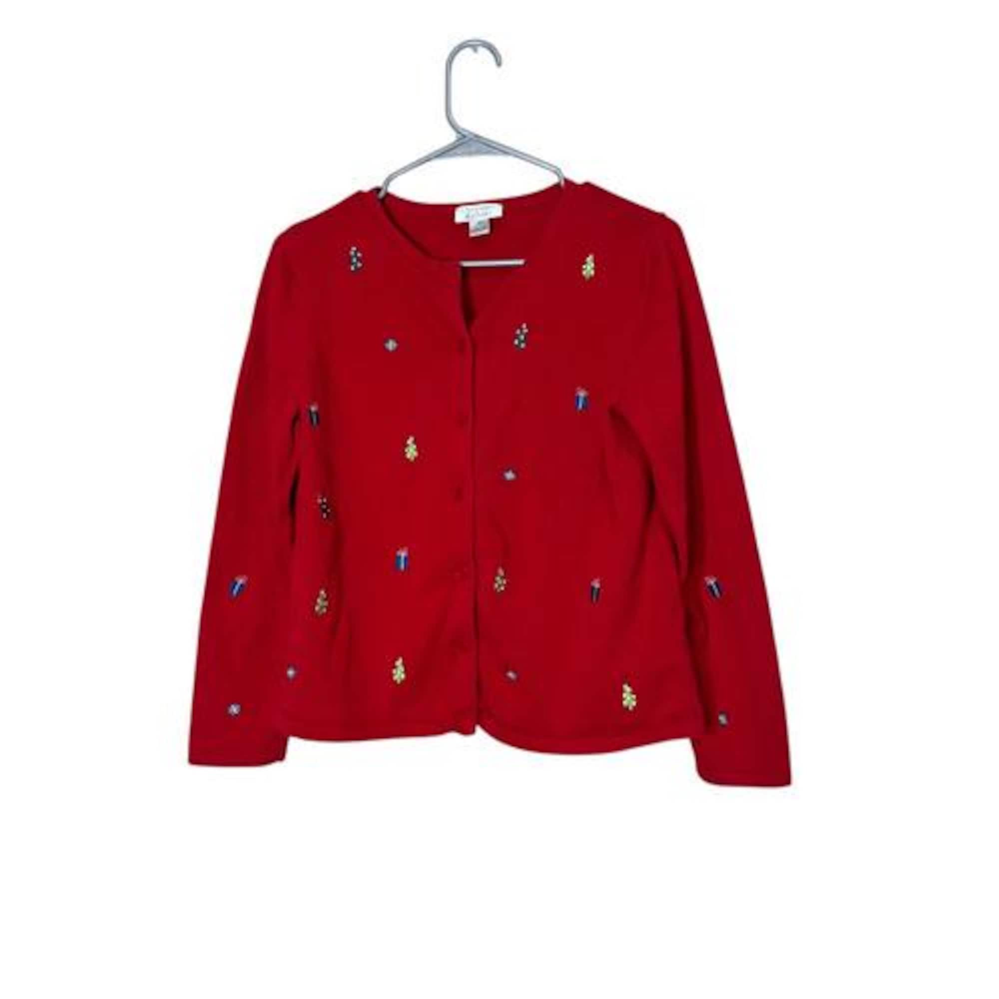 Christopher & Banks Ugly Christmas Sweater thin knit cardigan Embroidered Size M