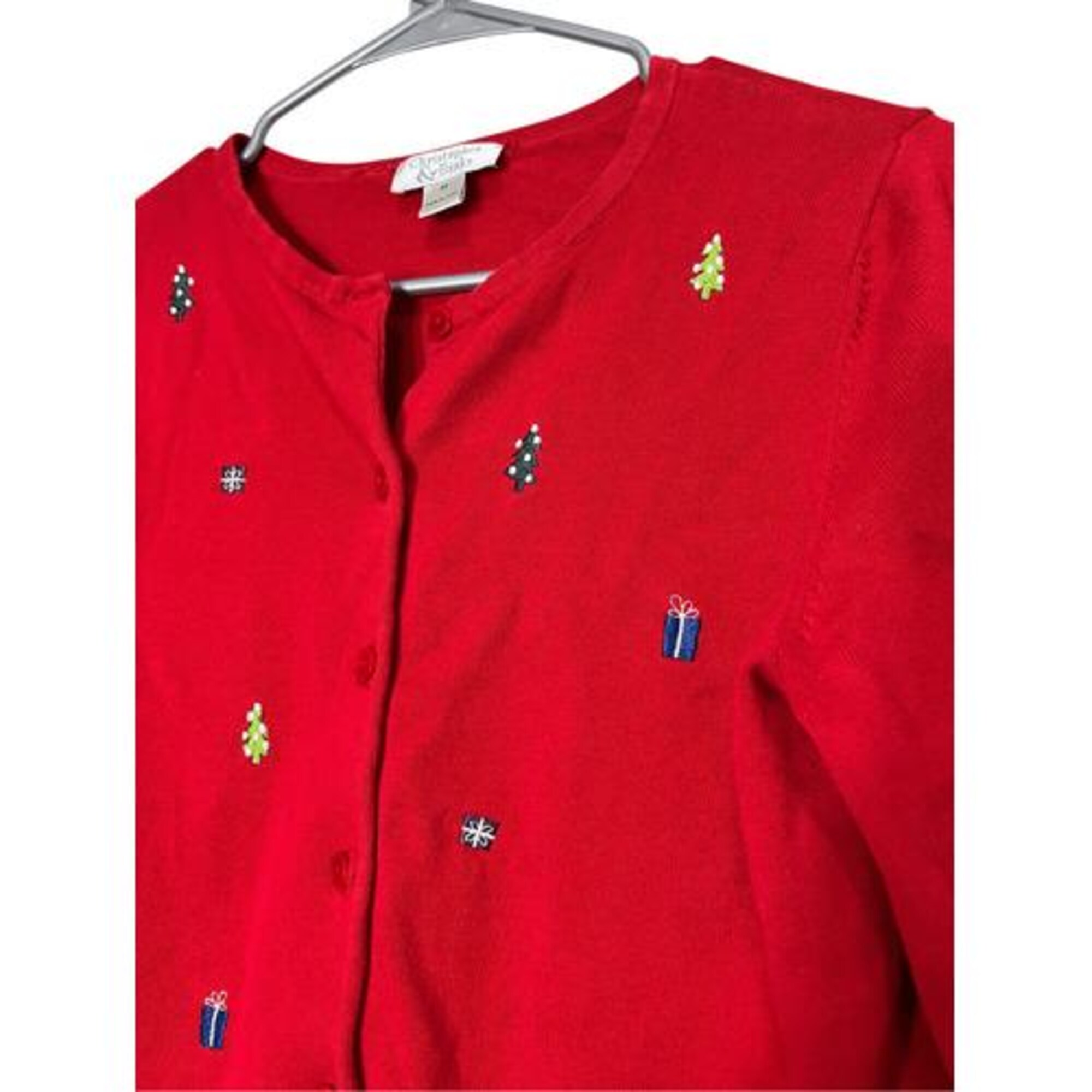 il_2000xN.7233418545_k9oy.jpg Christopher & Banks Ugly Christmas Sweater thin knit cardigan Embroidered Size M