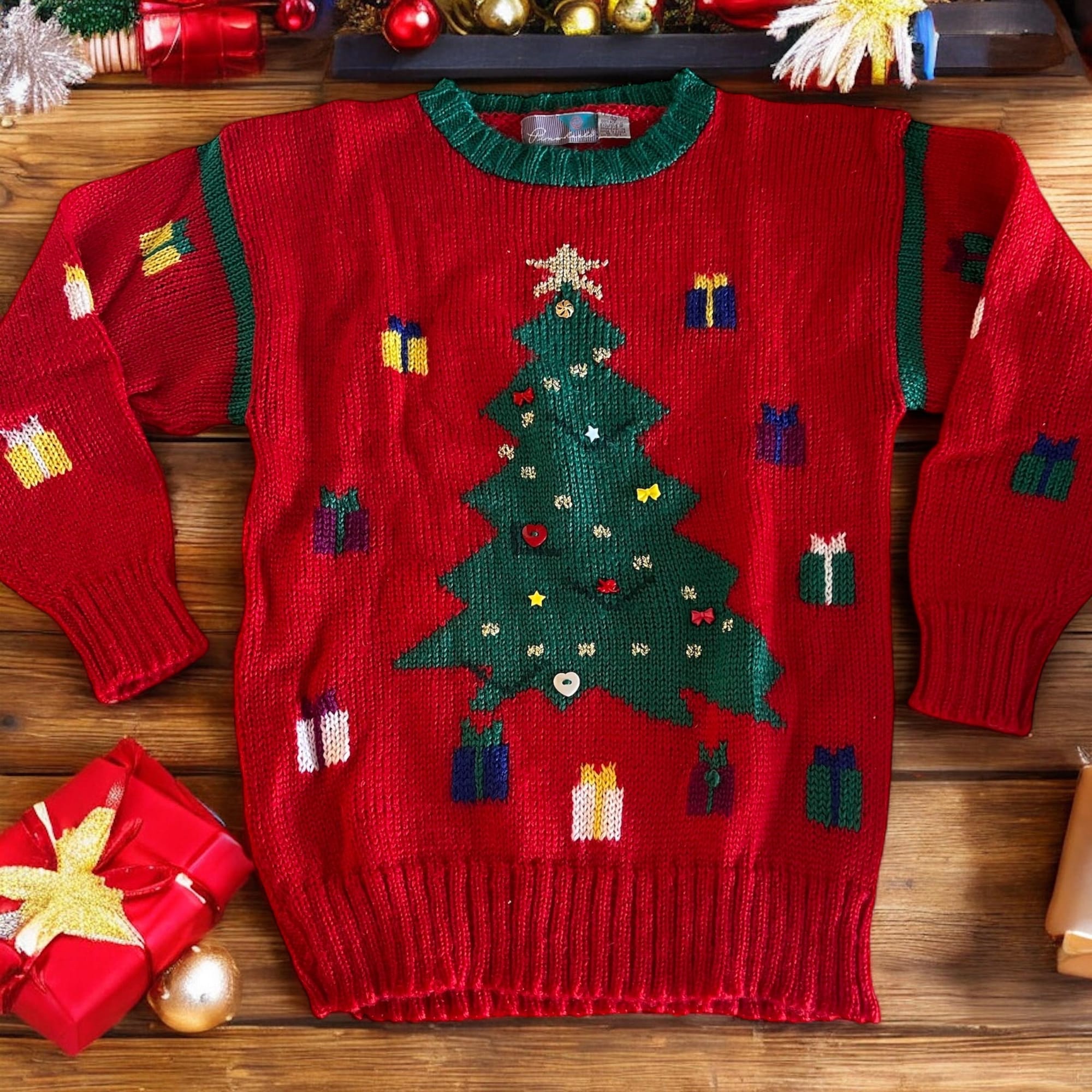 Festive Vintage 80’s-90’s Red Christmas Tree Sweater
