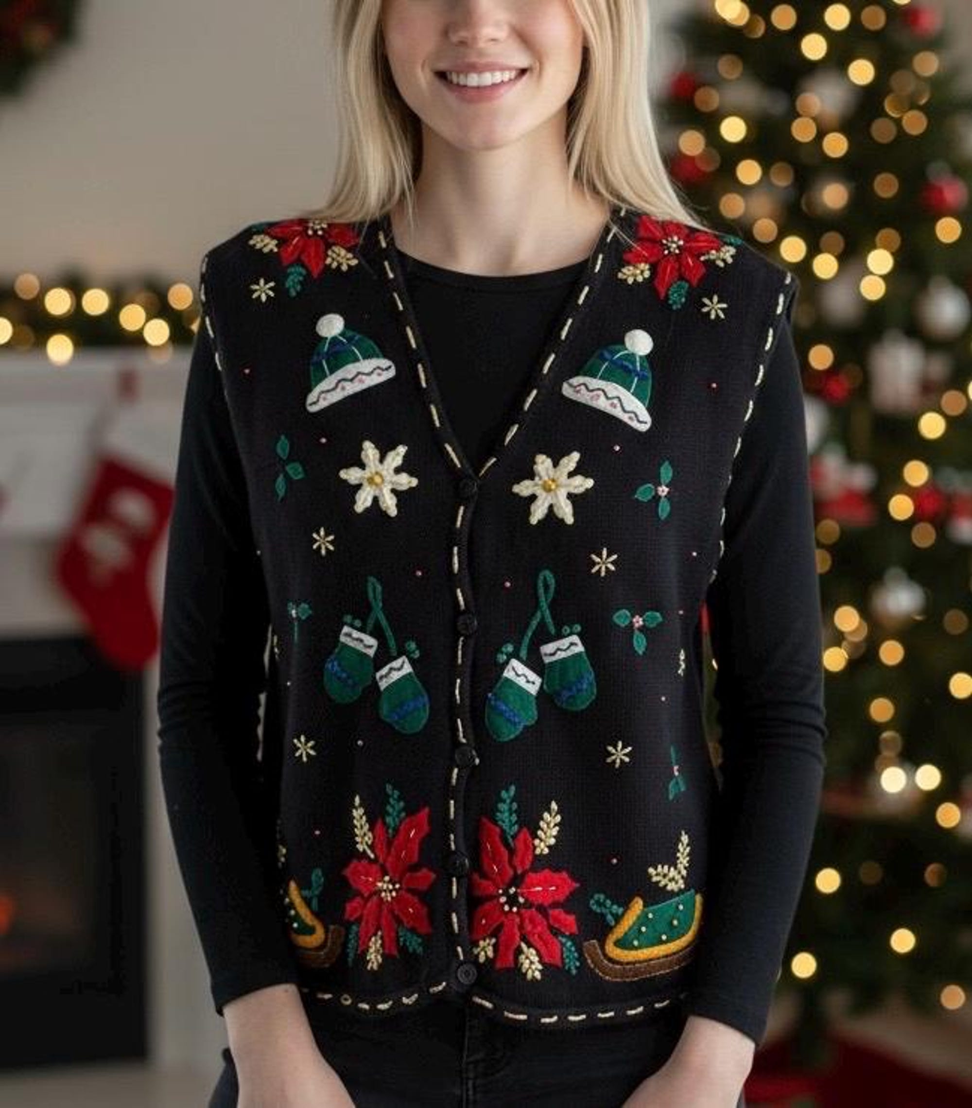 Vintage Bobbie Brooks Ugly Christmas Holiday Sweater Vest Beaded Size XL