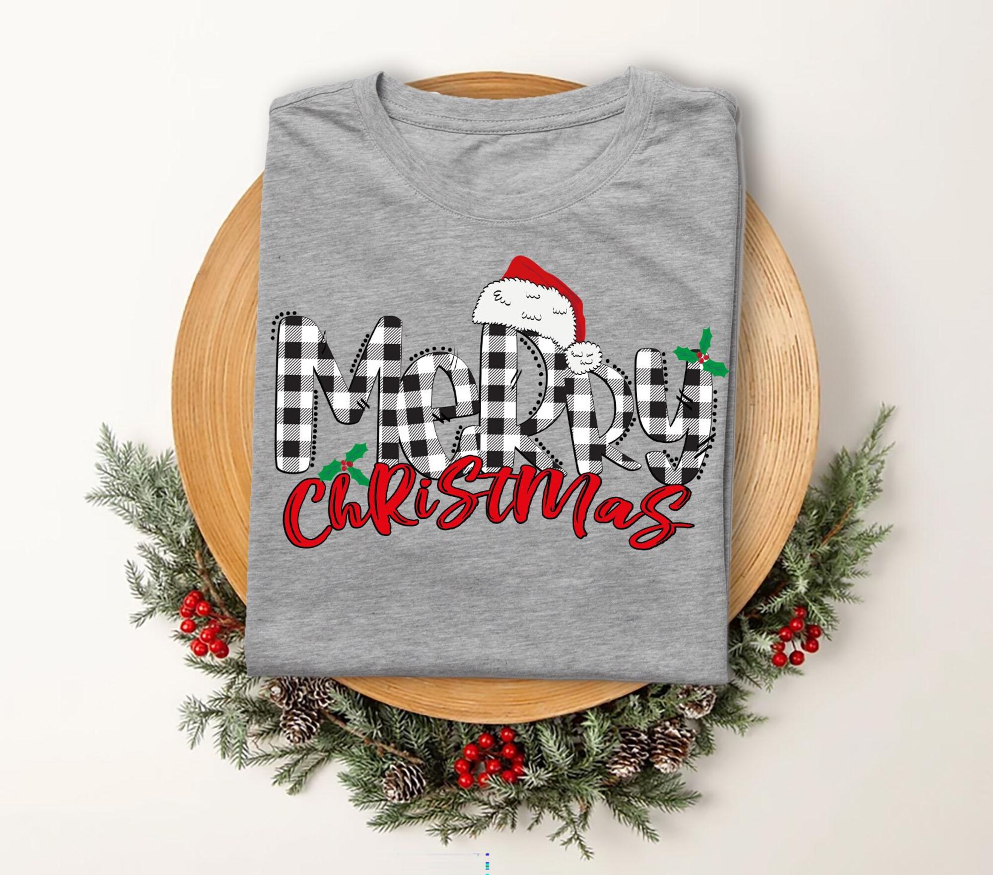 Merry Christmas T-Shirt, Cute Holiday Tee for Women, Plaid Lettering Christmas Shirt, Xmas Graphic Tee, Fun Christmas Gift Idea,Xmas Top