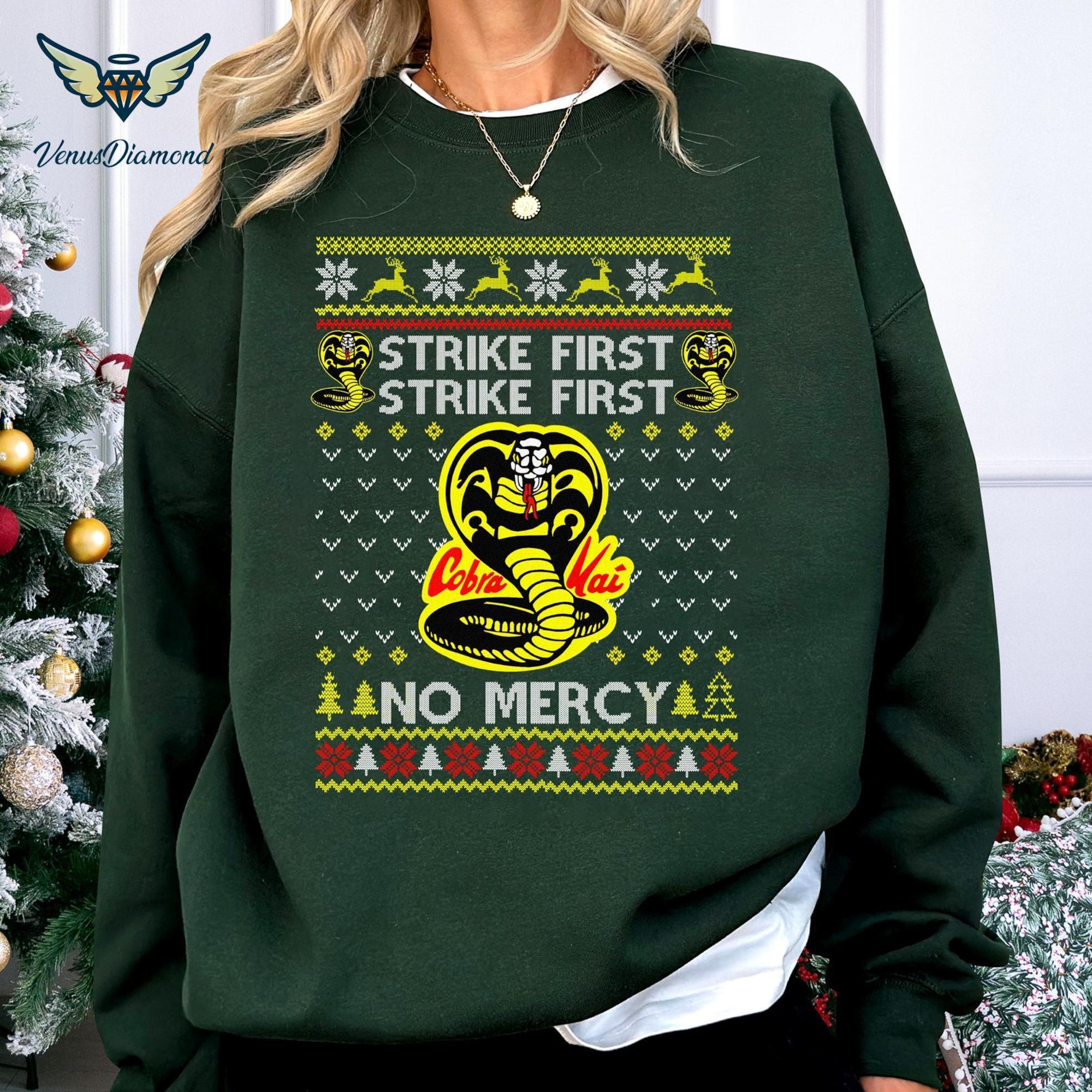 Strike First No Mercy Ugly Christmas Sweatshirt, Funny T Shirt, Cobra Kai Lovers Shirt, Karate Kid Movie T Shirt, Christmas Gifts