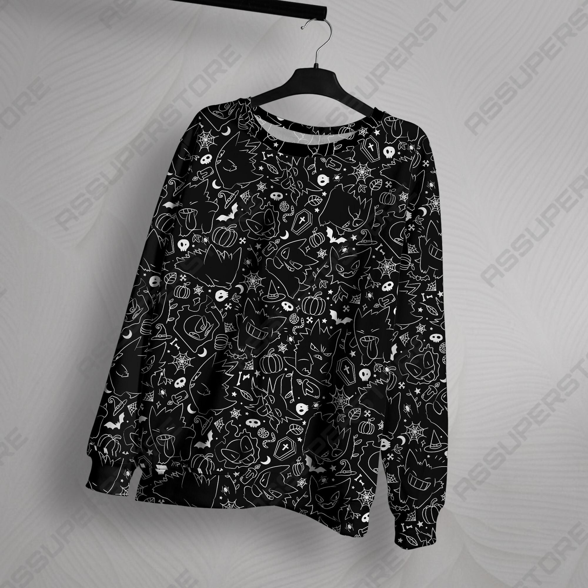 Gengar Crewneck Sweatshirt Black Graphic Art Unisex Sweatshirt Funny Halloween Sweatshirt Cute Gengar Shirt Gifts