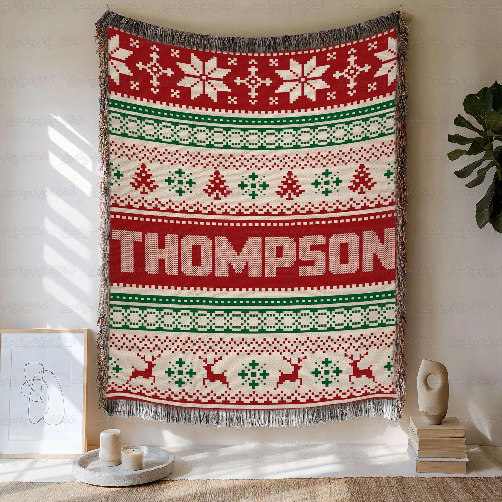 Custom Christmas Blanket With Name, Ugly Sweater Christmas Tree Reindeer Throw, Winter Snowflakes Cozy Blanket, Xmas Gift For Her Him,VTB303