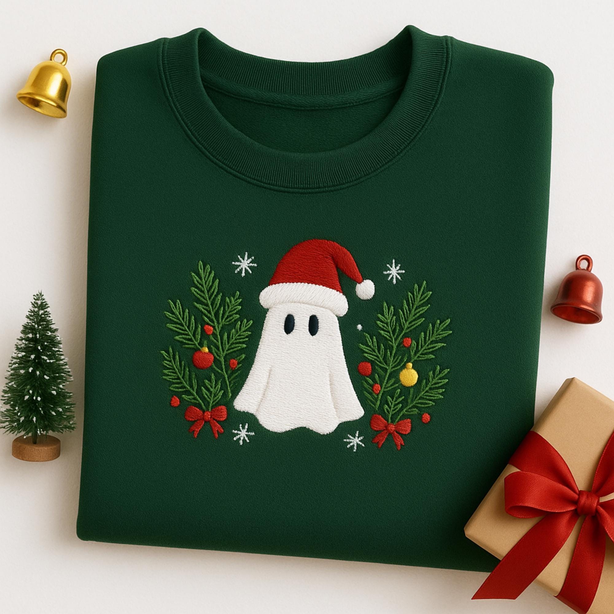 Embroidered Ghost Christmas Sweatshirt: Spooky Holiday Lights