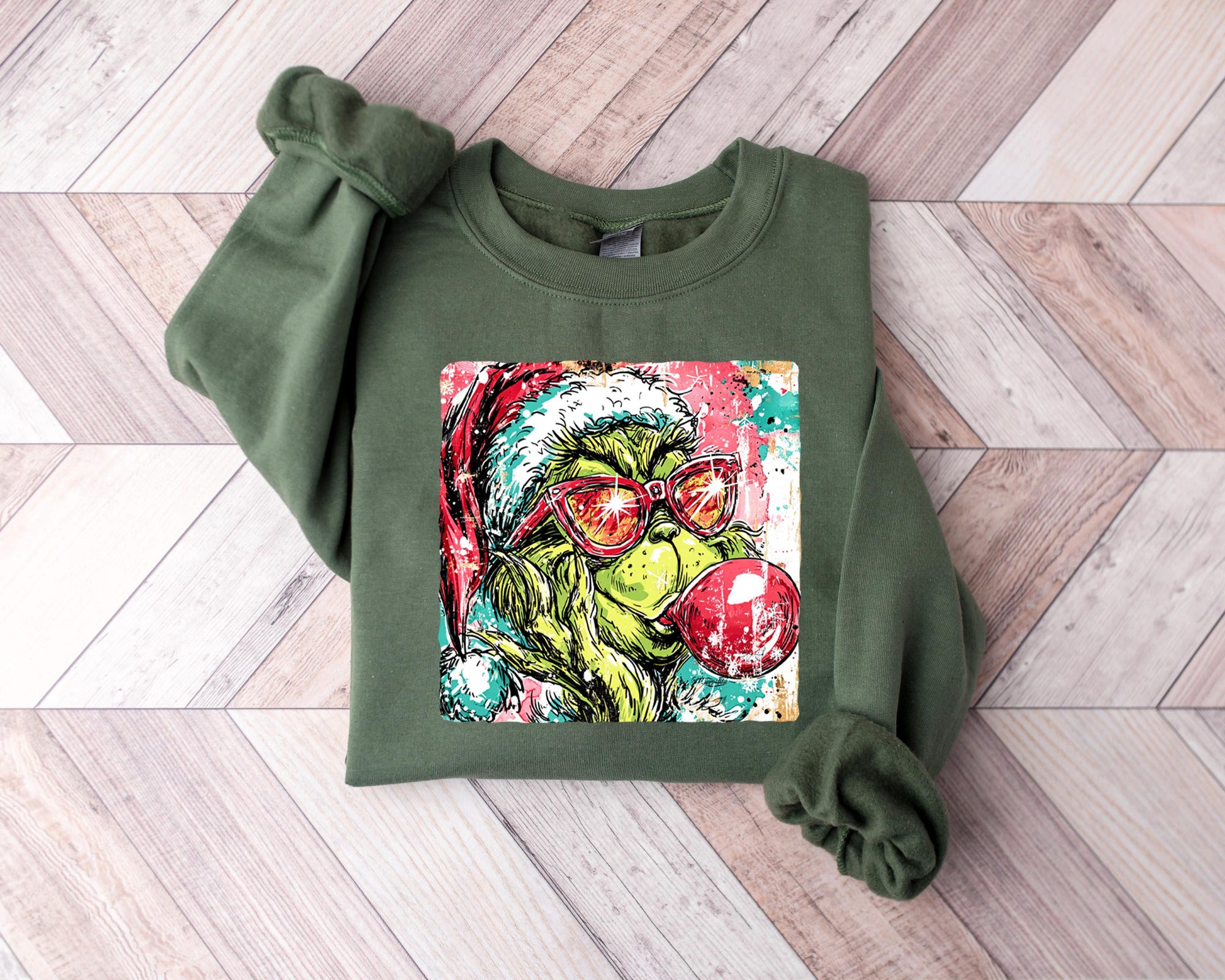 Grinch Bubble Gum Sweatshirt, Funny Christmas Sweatshirt, Xmas Gift, Grinch with Sunglasses, Grinch Funny Sweatshirt, Blowing Bubble Hoodie