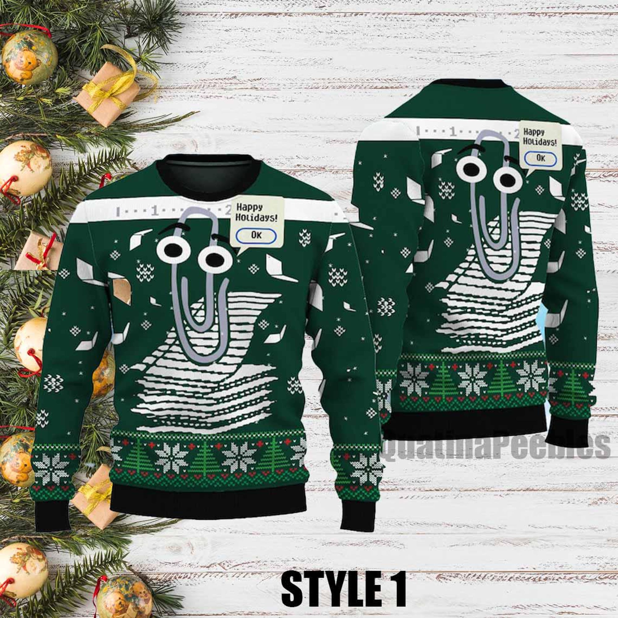 Clippy Holiday Sweater All Over Printed Latest Holiday Green Ugly Christmas, Artificial Wool Microsoft Windows Clippy Is Font Xmas Gift