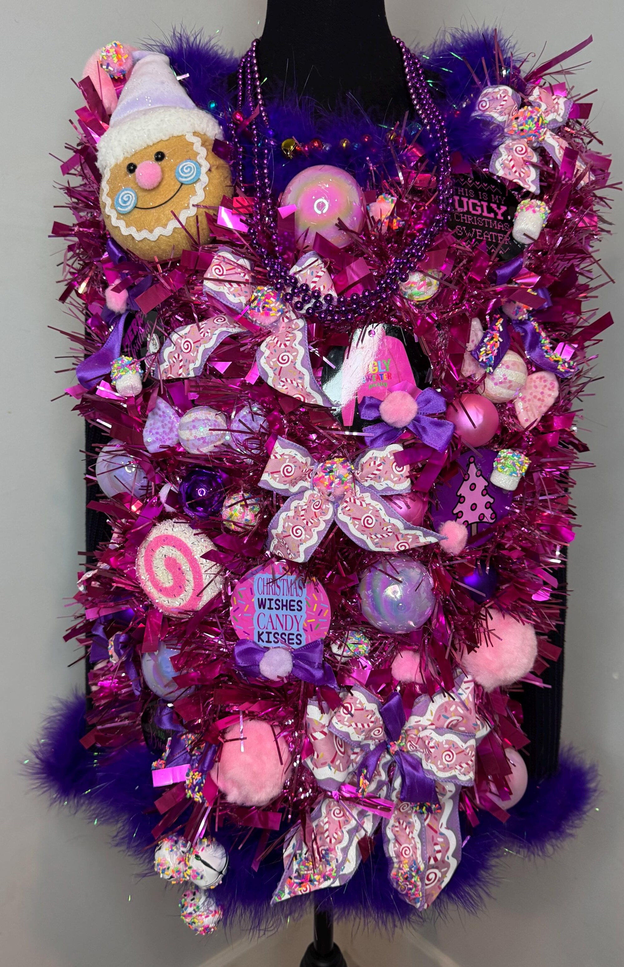 Upcycled Handmade Ugly, Gaudy Pink & Purple Christmas Sweater Size Large