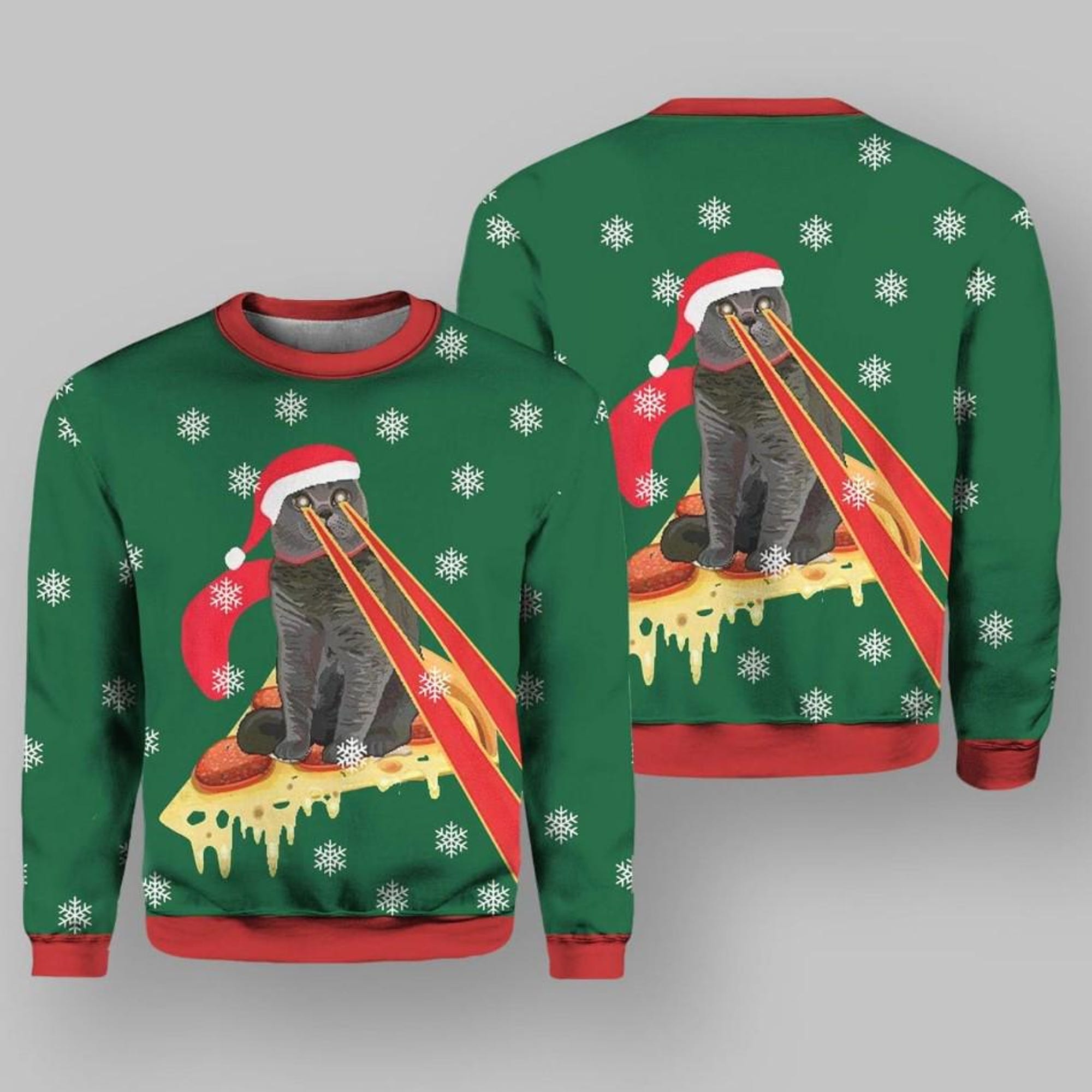 Funny Cat Ugly Christmas Sweater, Pizza Slice Laser Eyes Cat Holiday Jumper, Santa Hat Cat Xmas Party Pullover Gift for Men Women