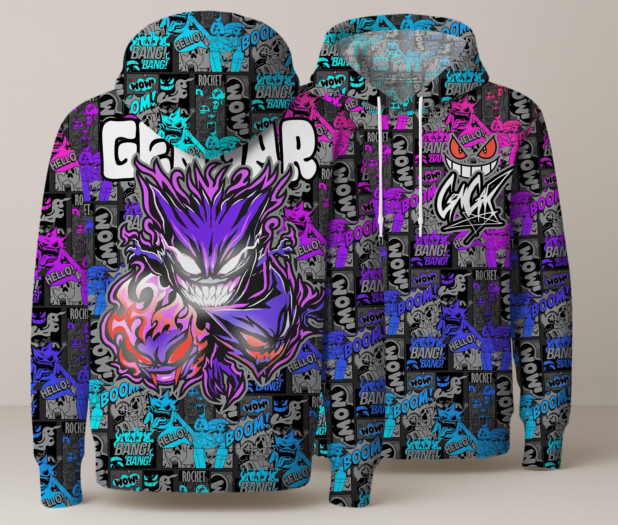 Gengar Hoodie, Colorful Graffiti Graphic Hoodie, Kawaii Unisex Sweatshirt, Cute Crewneck Pullover, Funny Cozy Hoodie, Gengar Shirt Gifts