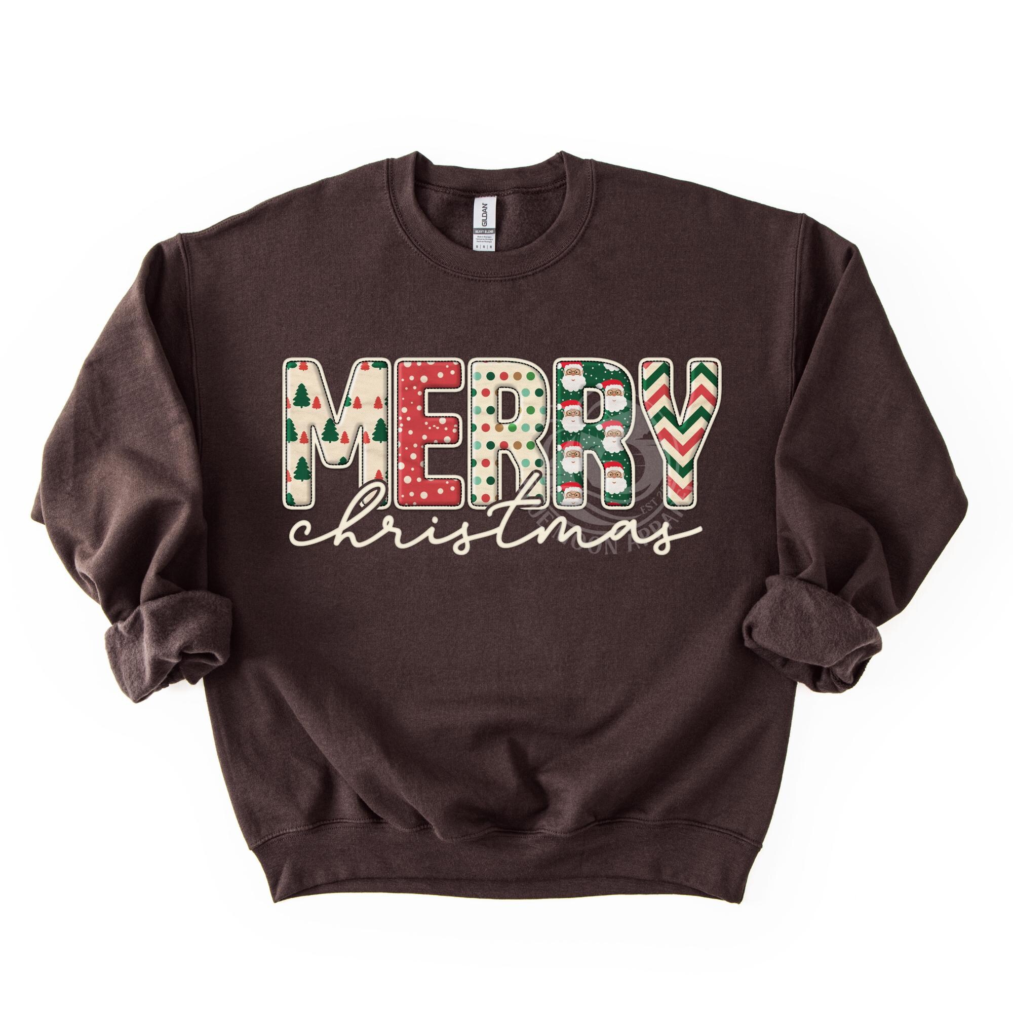 Patchwork Merry Christmas- Faux Quilted Embroidery Holiday Sweatshirt- Plaid Stripes Printed Women’s Crew Tee- Ho Ho Ho Santa Merry Bright