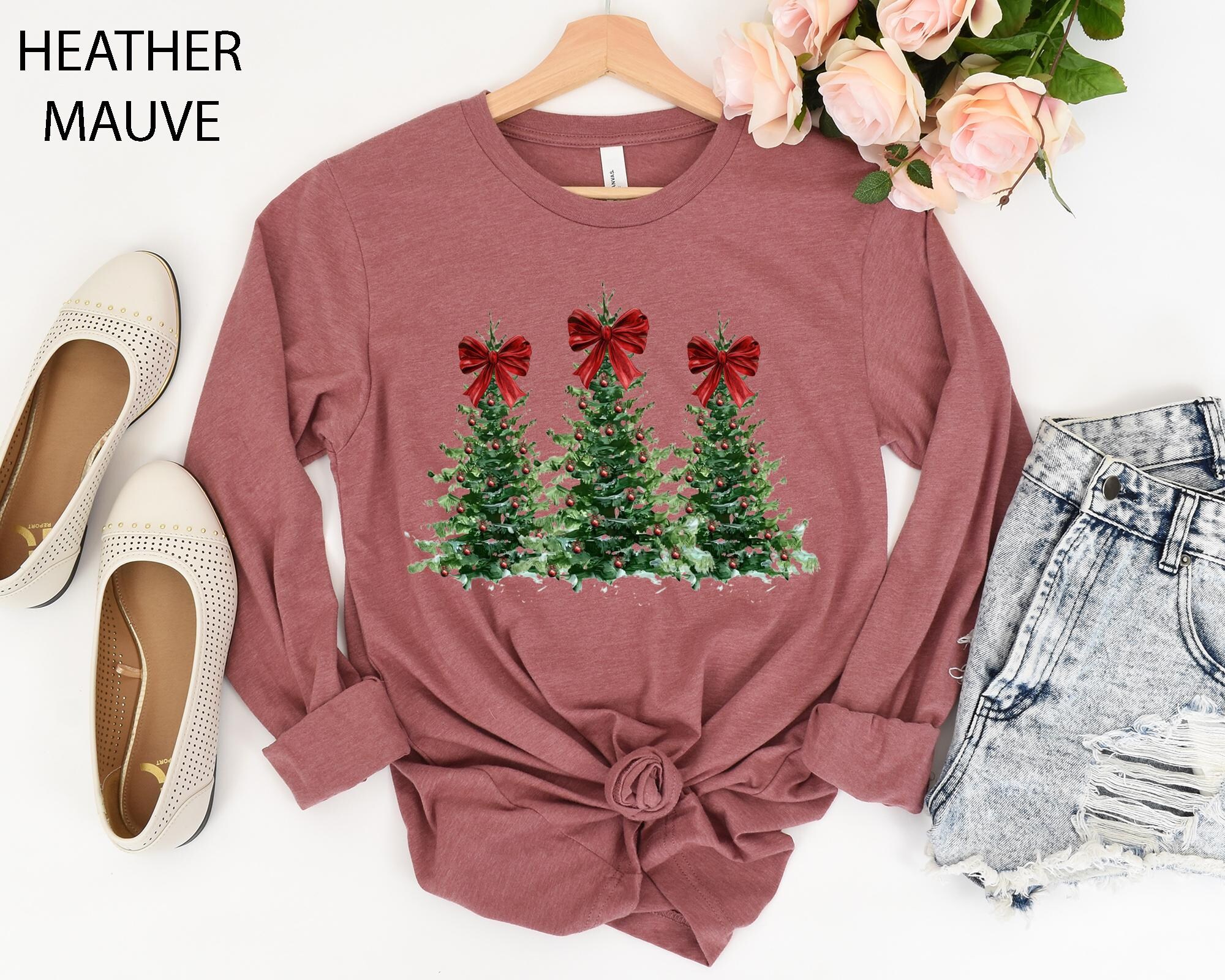 il_2000xN.7246246630_puu3-1.jpg Woman's Holiday Shirt, Women's Xmas Tee, Christmas Sleigh Crewneck, Christmas Tree Tee, Xmas Tree, Women's Christmas Tee, Chic Winter Shirt