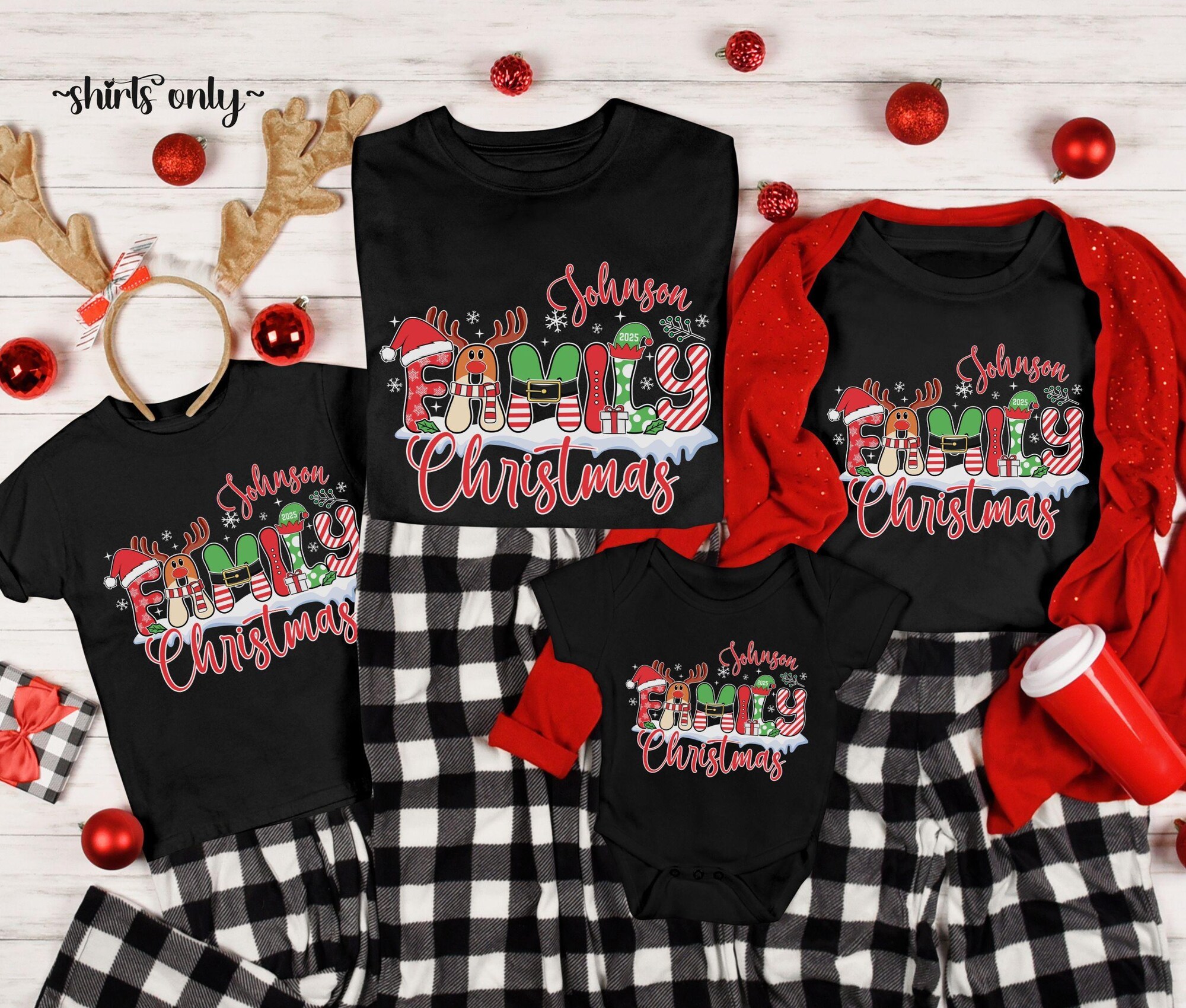 Personalized Family Christmas Shirts 2025, Matching Holiday Name Tees for Adults Kids Toddlers Baby, Custom Group Xmas Outfits