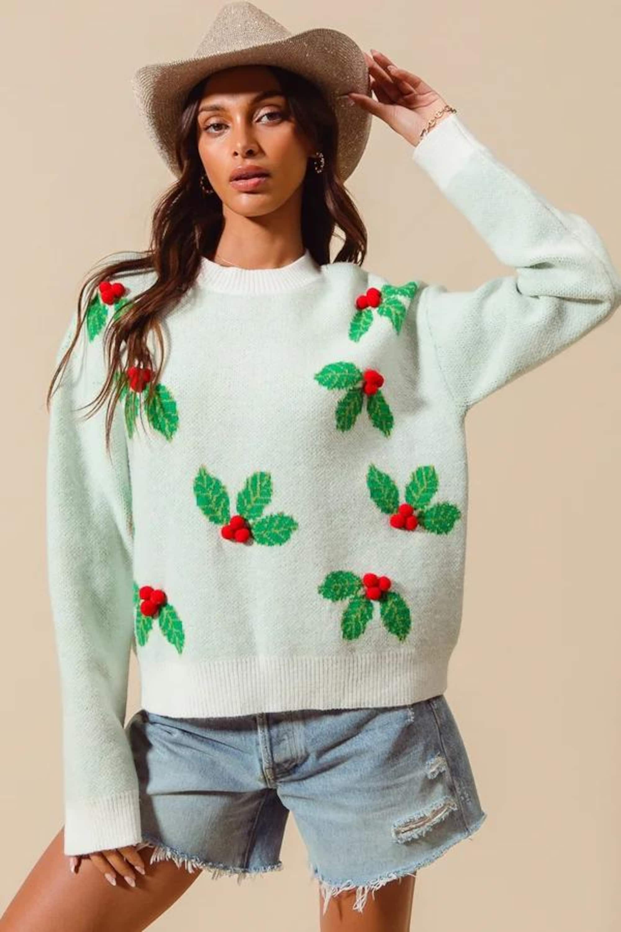 White Holly Berry Christmas Sweater: Pom Pom Embellished Holiday Top