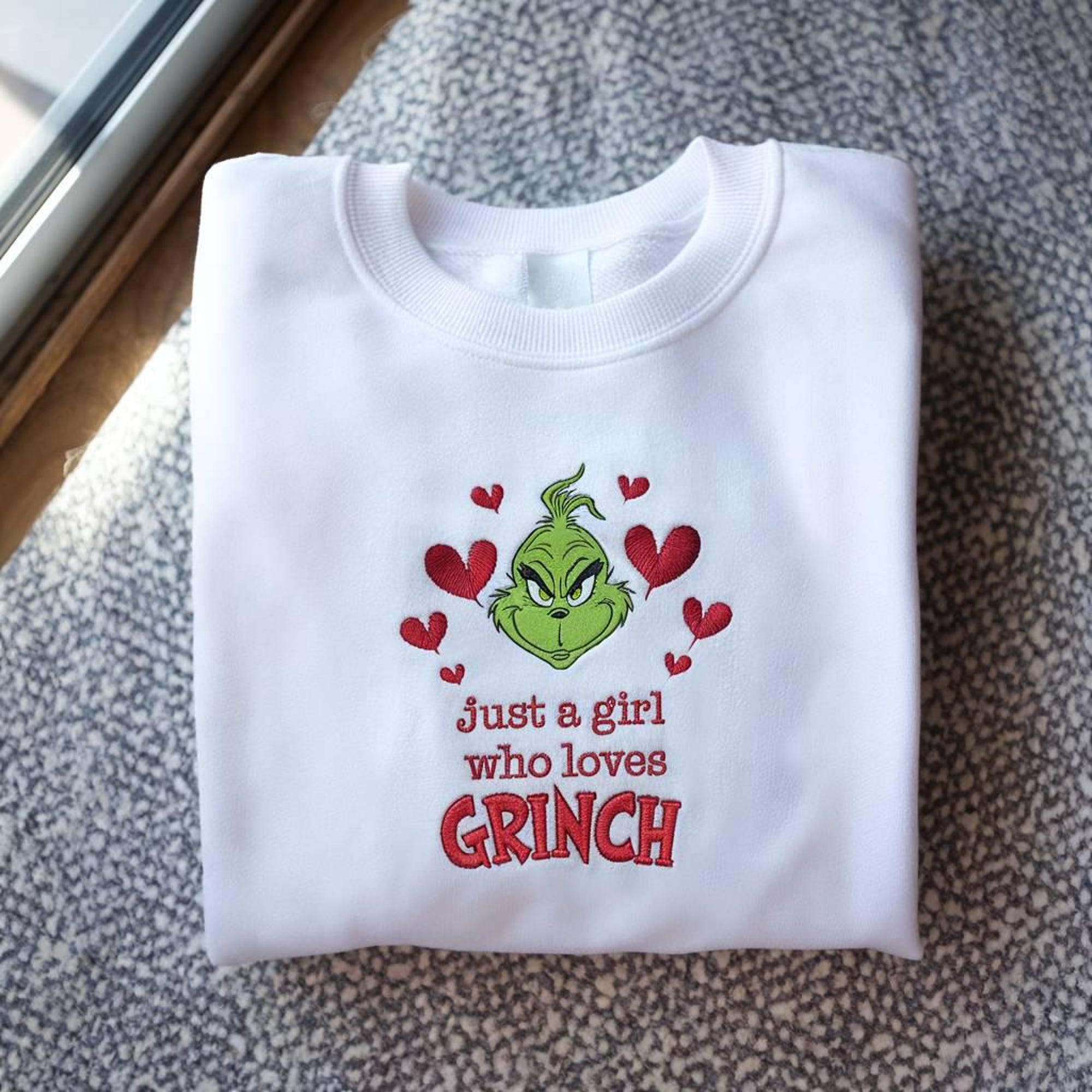 il_2000xN.7248625214_mkuw-1.jpg Embroidered Just a Girl Who Loves Grinch Sweatshirt, Merry Grinchmas Sweatshirt, Retro Christmas, Grinch Sweatshirt, Cute Christmas Gift