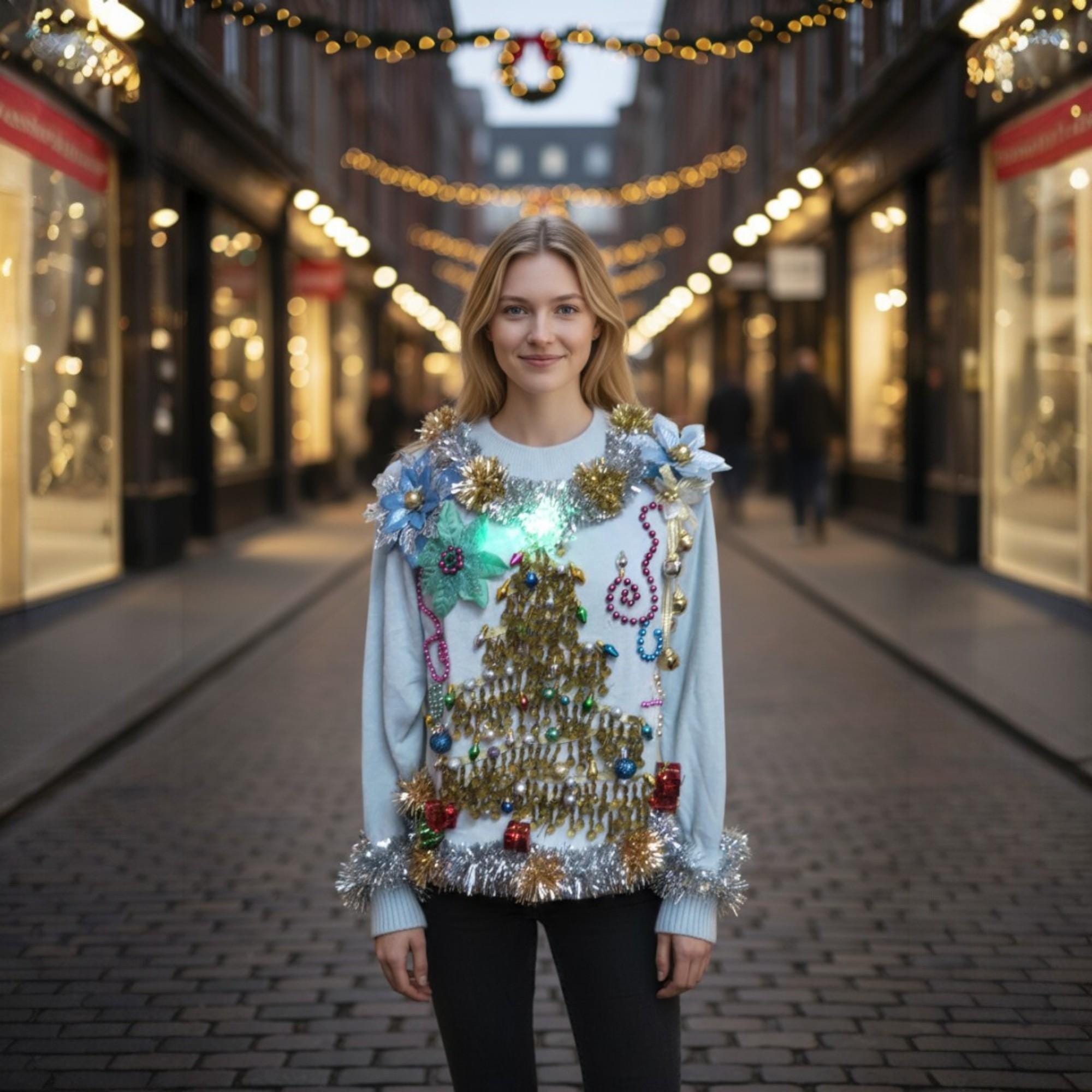 Bedazzled Glam Tacky Ugly Christmas Sweater Beaded Trees, Womens Sz M