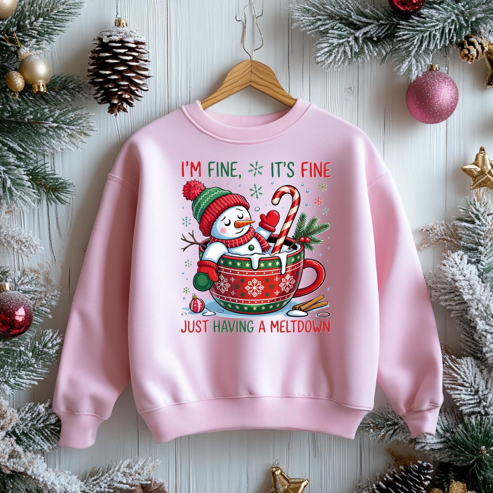 il_2000xN.7249588851_qfx2-1.jpg Funny Christmas Snowman Sweatshirt I’m Fine It’s Fine Just Having A Meltdown Holiday Humor Winter Hot Cocoa Ugly Xmas Graphic Pullover