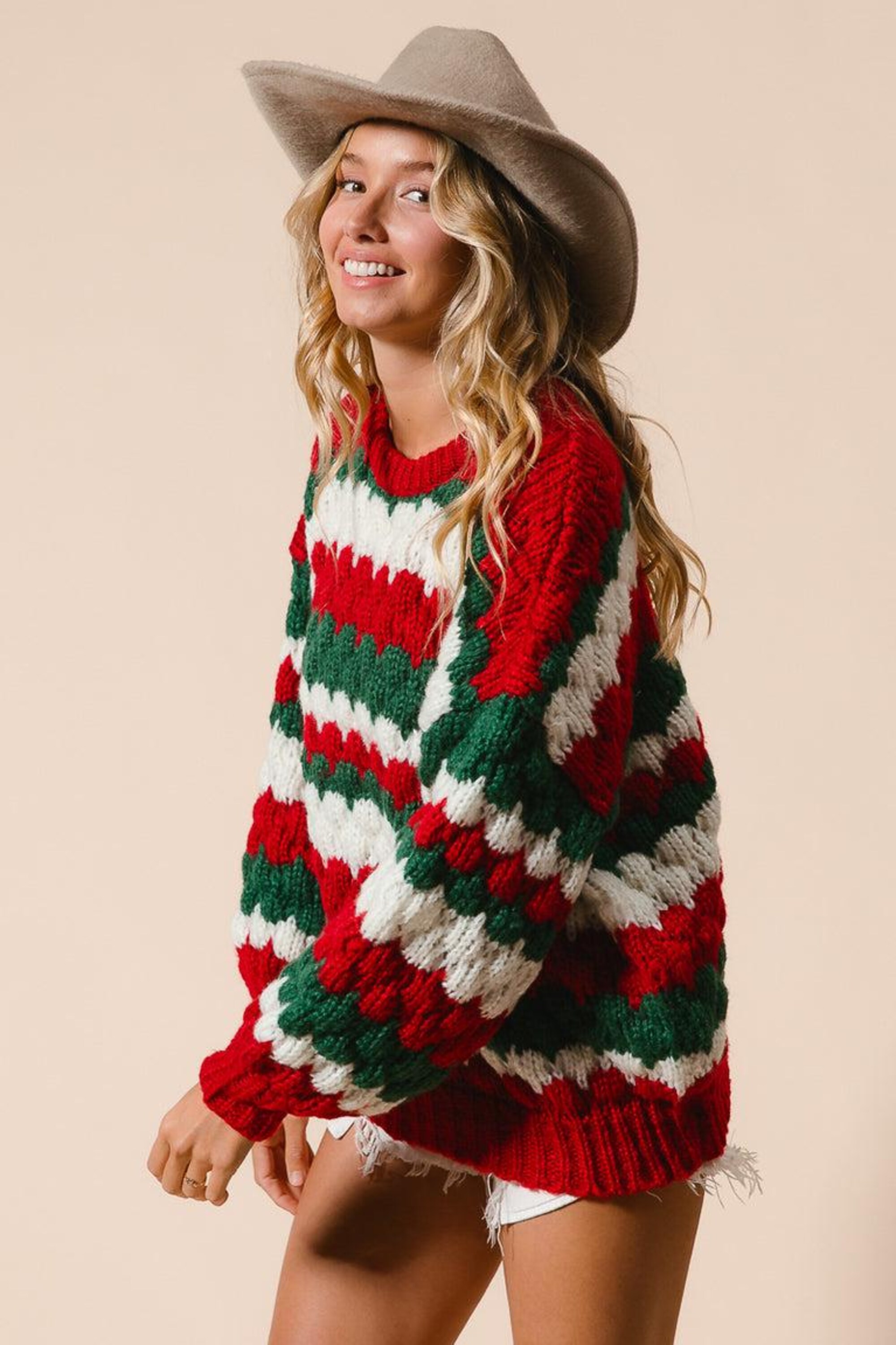 il_2000xN.7251610647_morq.jpg Chunky Knit Christmas Sweater – Red Green White Striped Pullover, Scalloped Texture, Cozy Holiday Outfit