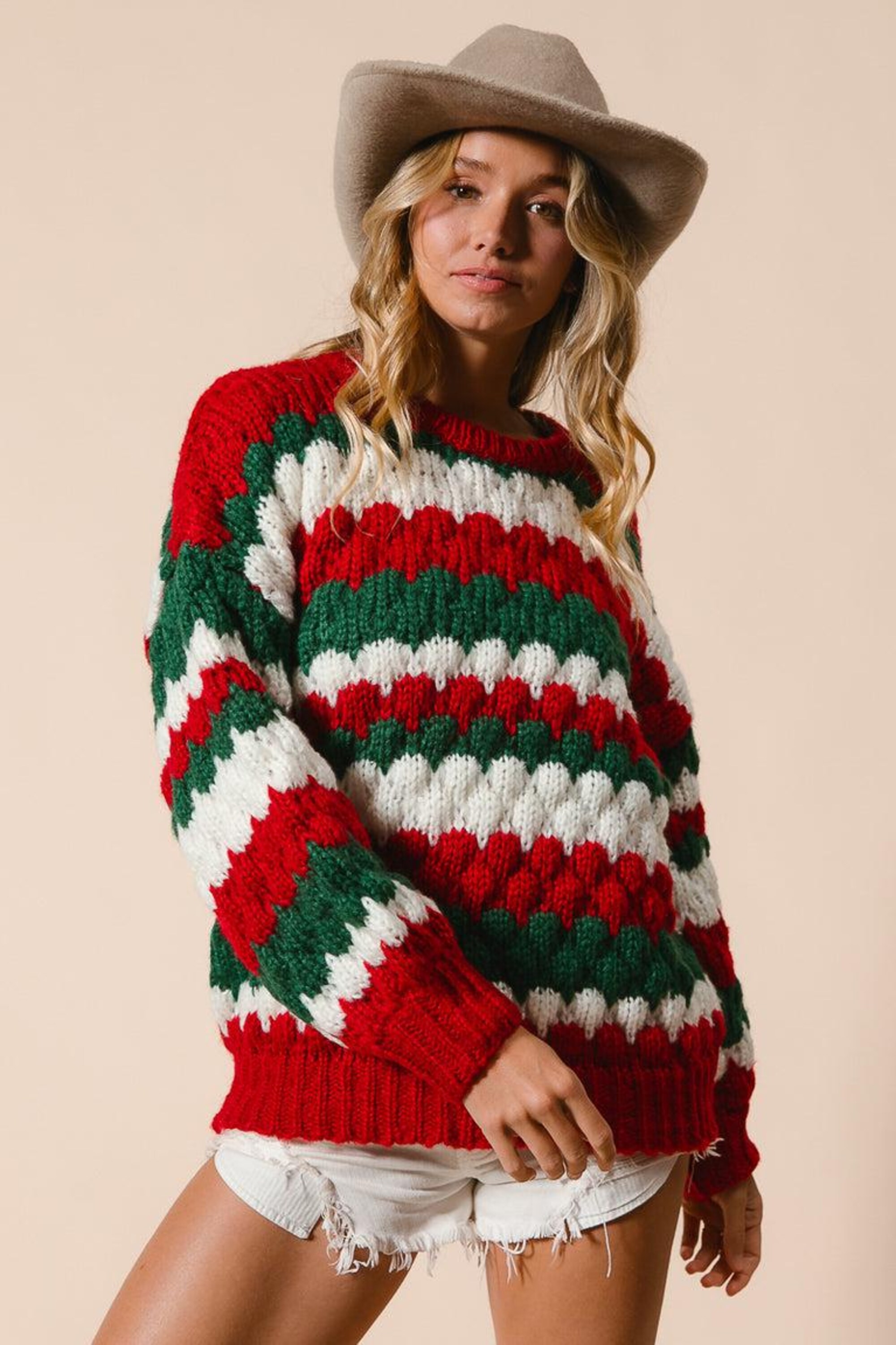 il_2000xN.7251610651_k0a3.jpg Chunky Knit Christmas Sweater – Red Green White Striped Pullover, Scalloped Texture, Cozy Holiday Outfit