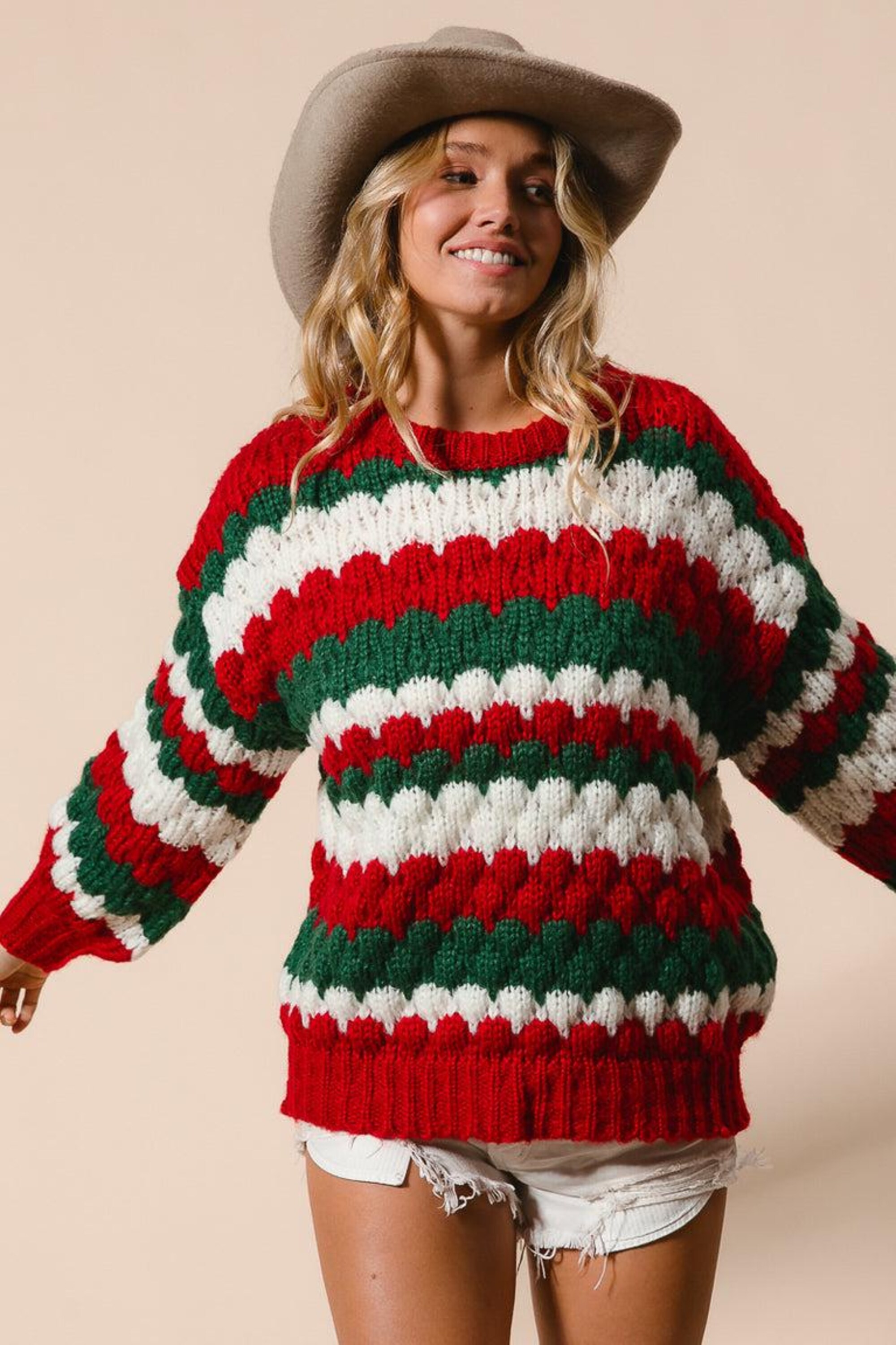il_2000xN.7251610655_2dtr.jpg Chunky Knit Christmas Sweater – Red Green White Striped Pullover, Scalloped Texture, Cozy Holiday Outfit