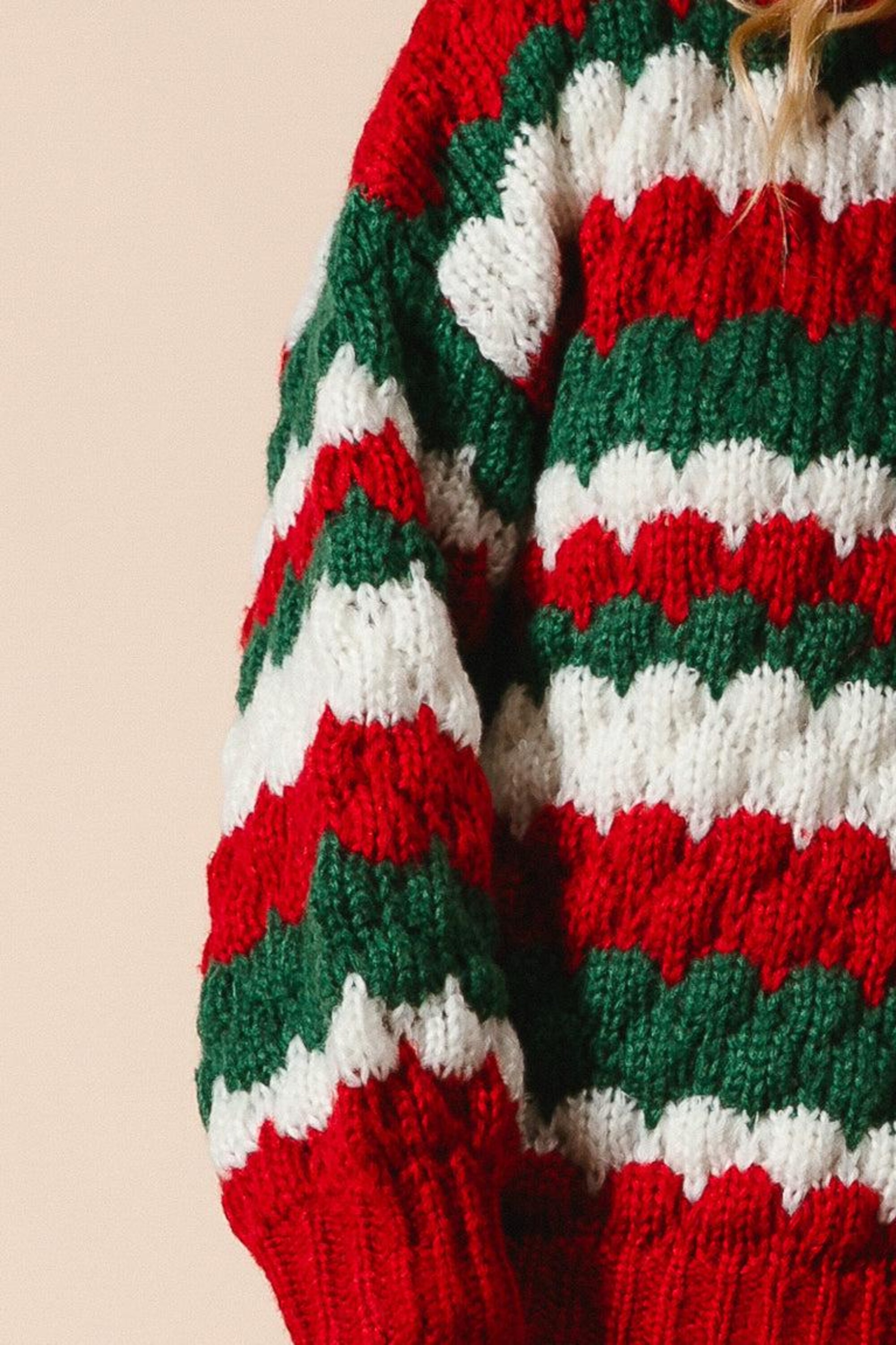 il_2000xN.7251610657_7jsw.jpg Chunky Knit Christmas Sweater – Red Green White Striped Pullover, Scalloped Texture, Cozy Holiday Outfit