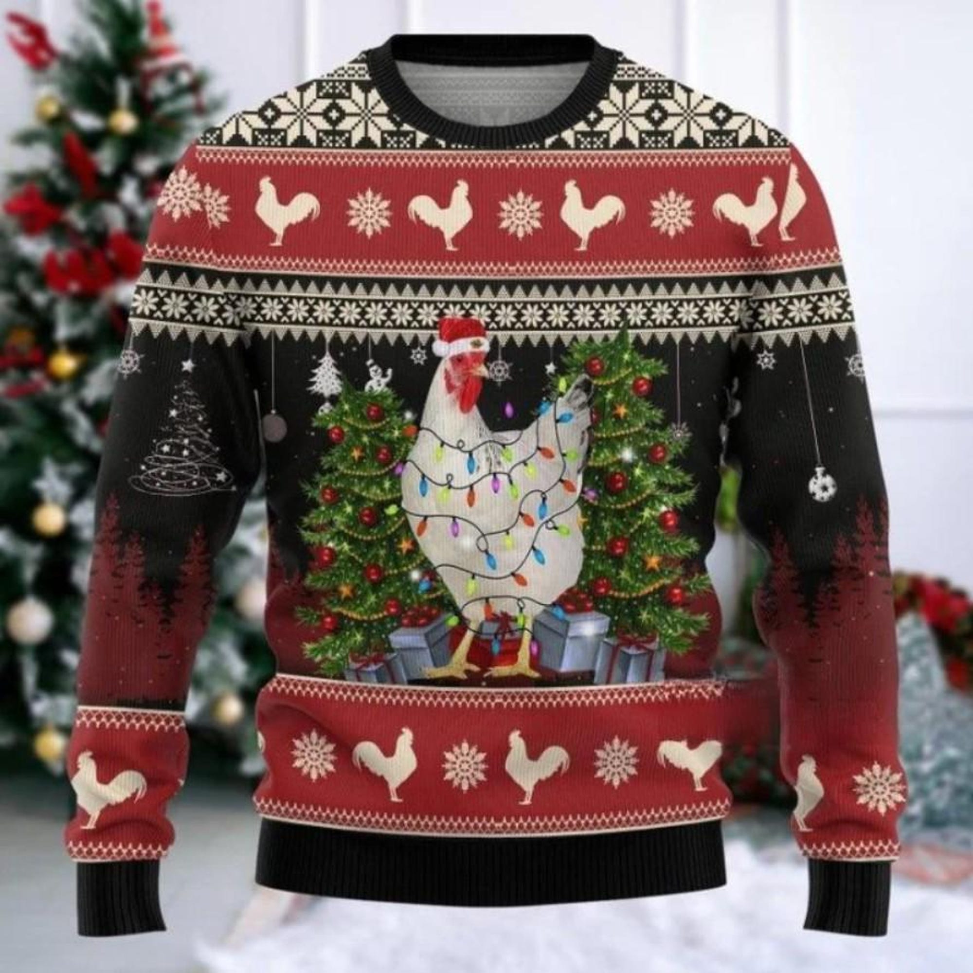 Chicken Ugly Christmas Sweater, Funny Farm Animal Holiday Sweater, Hen Xmas Jumper with Lights, Unisex Winter Party Outfit Gift
