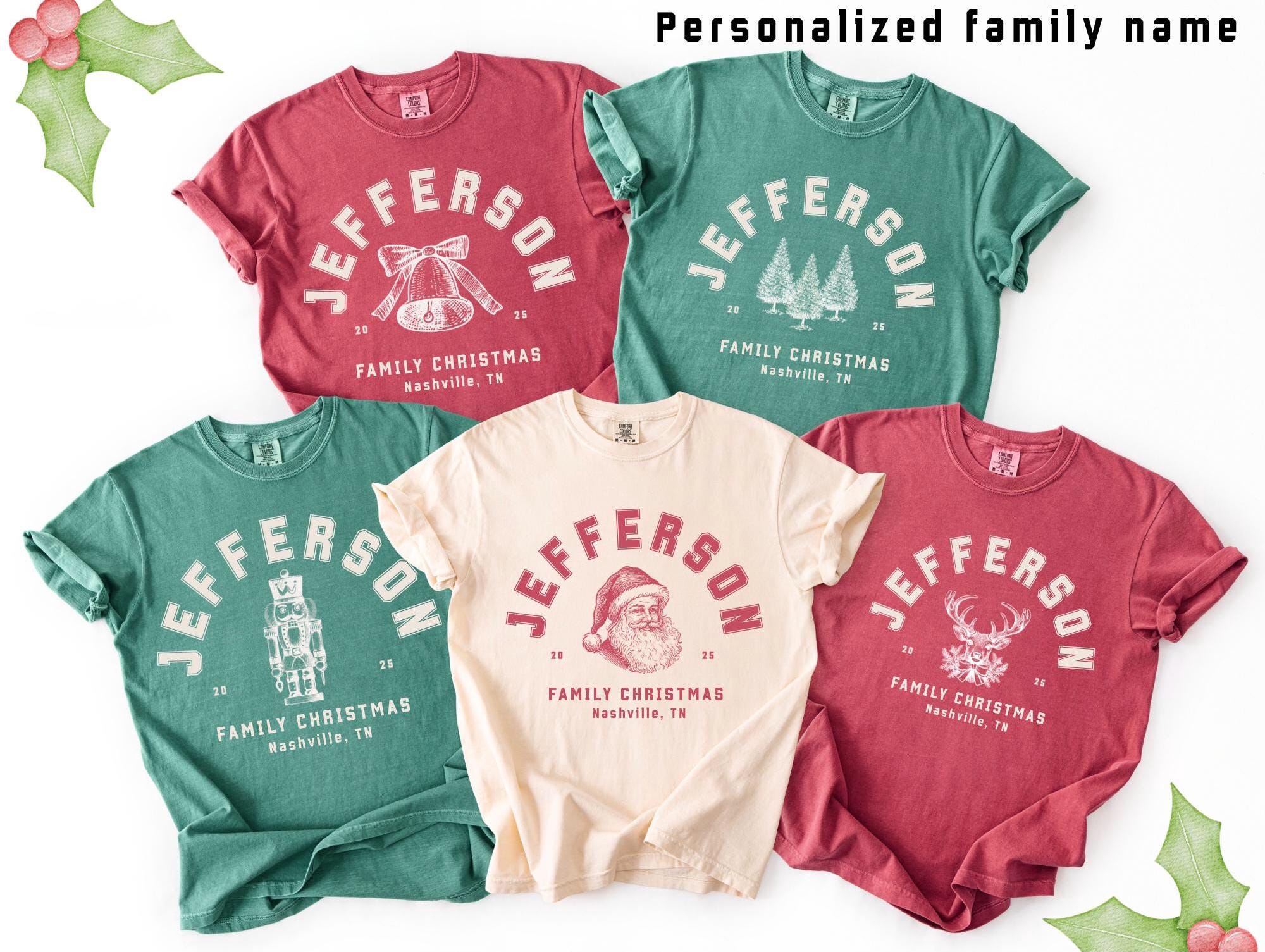 Custom Family Christmas Shirt Comfort Colors Matching Family Christmas Tshirt Personalized Name Christmas Shirt Vintage Santa Varsity Shirt