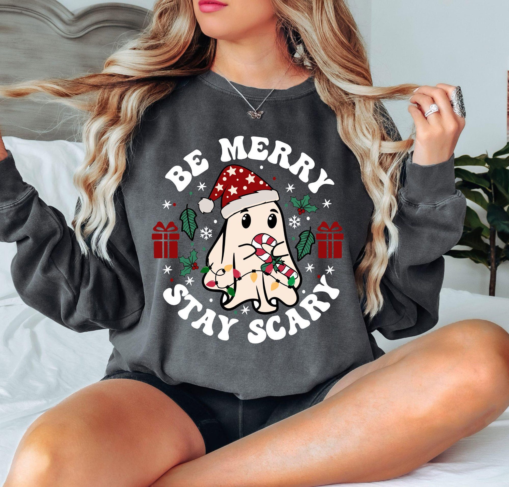 il_2000xN.7257971806_9q94-1.jpg Be Merry Stay Scary Christmas Sweatshirt, Christmas Scary Shirt, Ghost T-Shirt, Christmas Gift,Ghost Christmas Shirt,Christmas Tee for Women