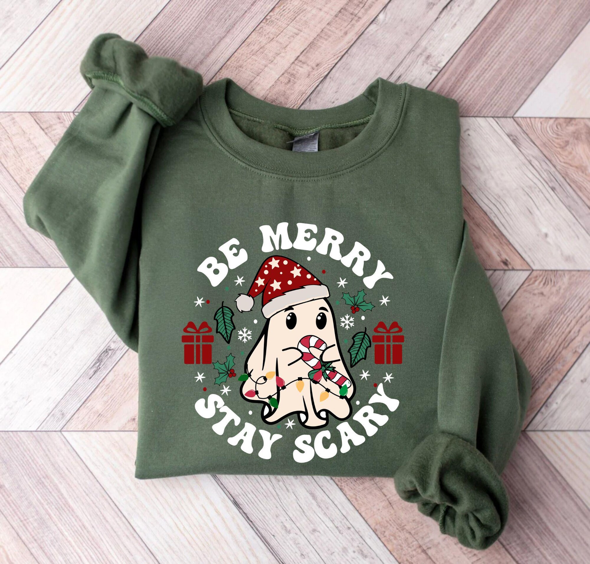 Be Merry Stay Scary Christmas Sweatshirt, Christmas Scary Shirt, Ghost T-Shirt, Christmas Gift,Ghost Christmas Shirt,Christmas Tee for Women
