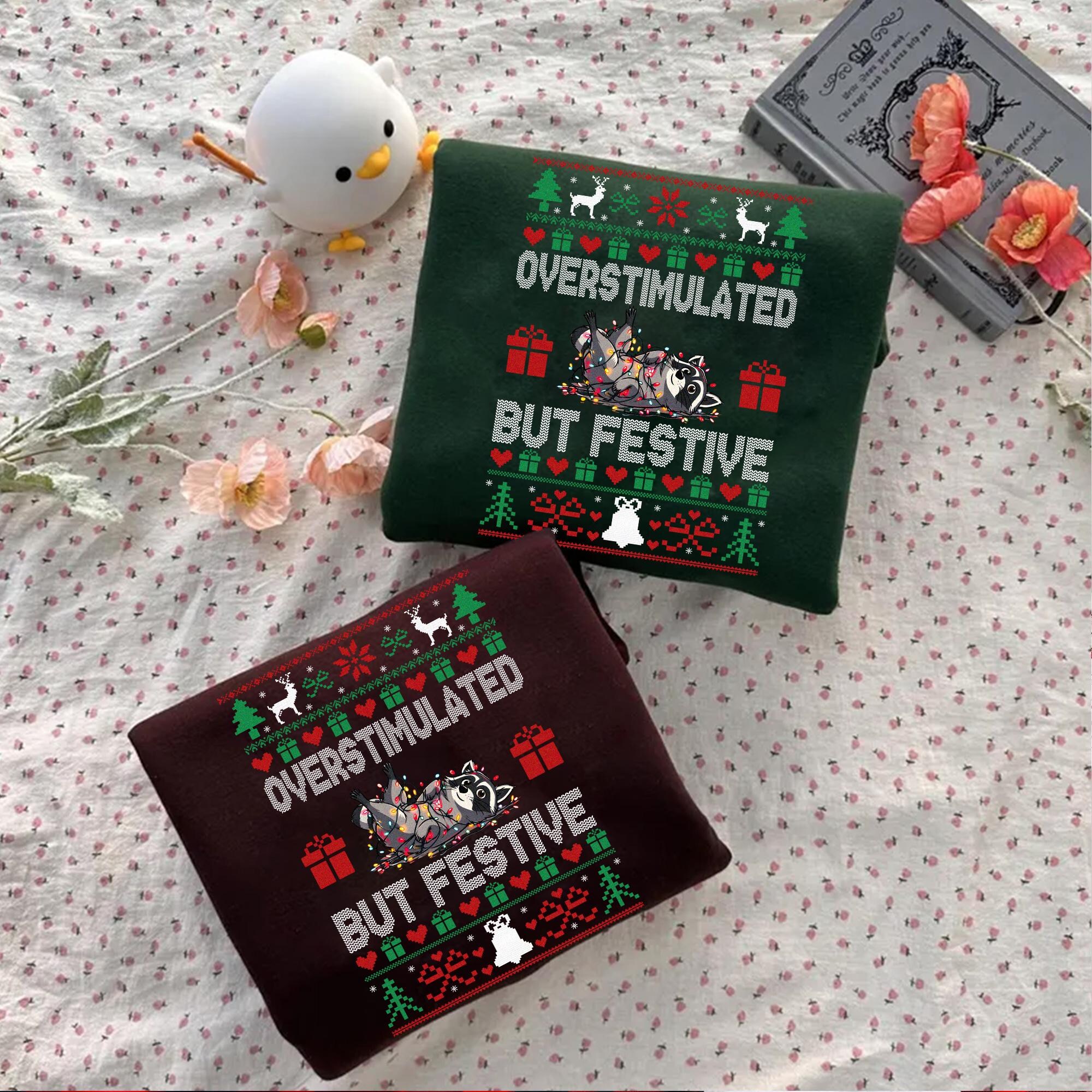 il_2000xN.7258051606_90fy-1.jpg Overstimulated But Festive Raccoon Christmas Sweatshirt, Overstimulated Xmas Shirt, Raccoon Christmas, Funny Christmas Top, Freindsmas Gift