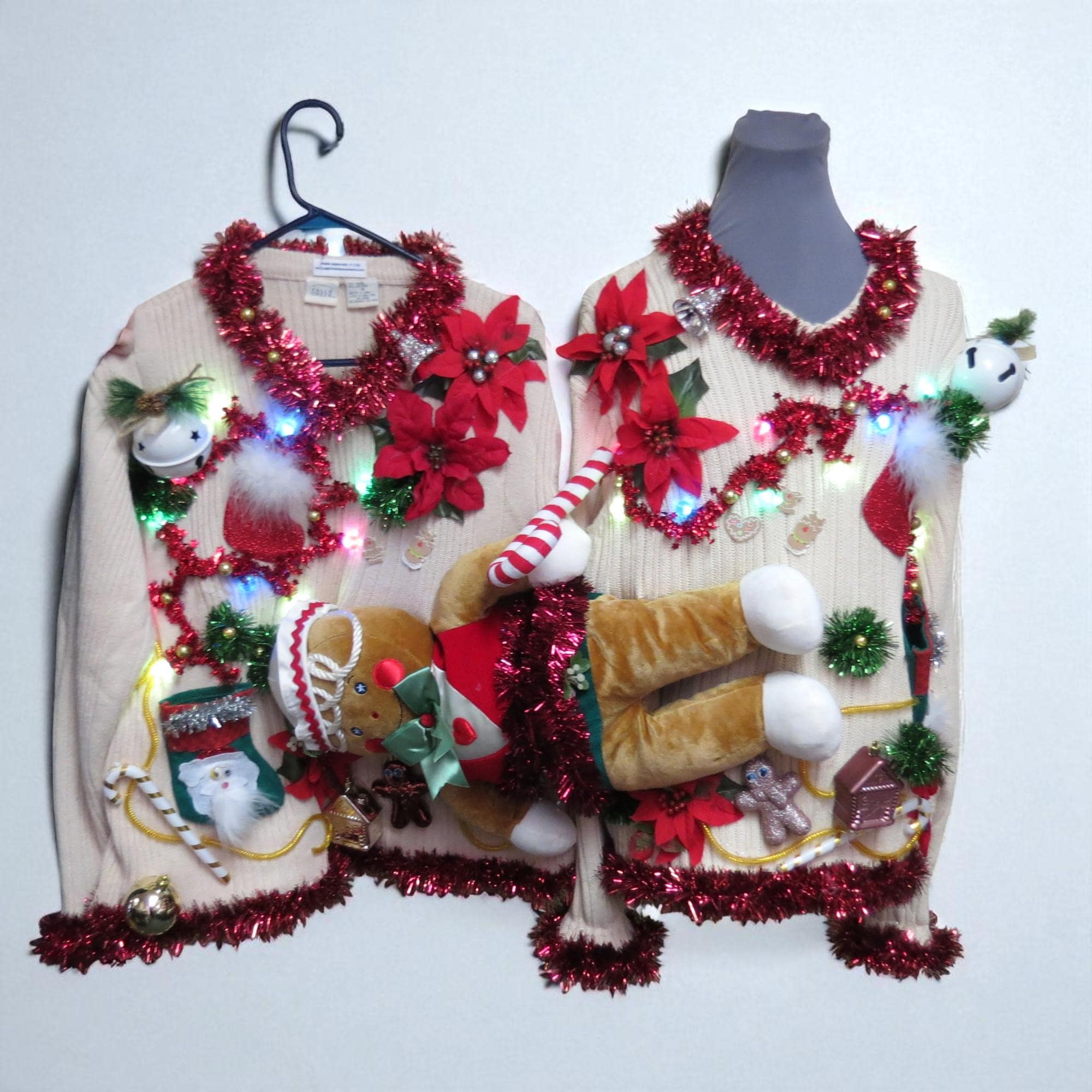 Matched Set Ugly Christmas Sweaters, Couples Christmas Sweaters, 3d  Huge Half n Half Gingerbread Sweater, Hilarious!