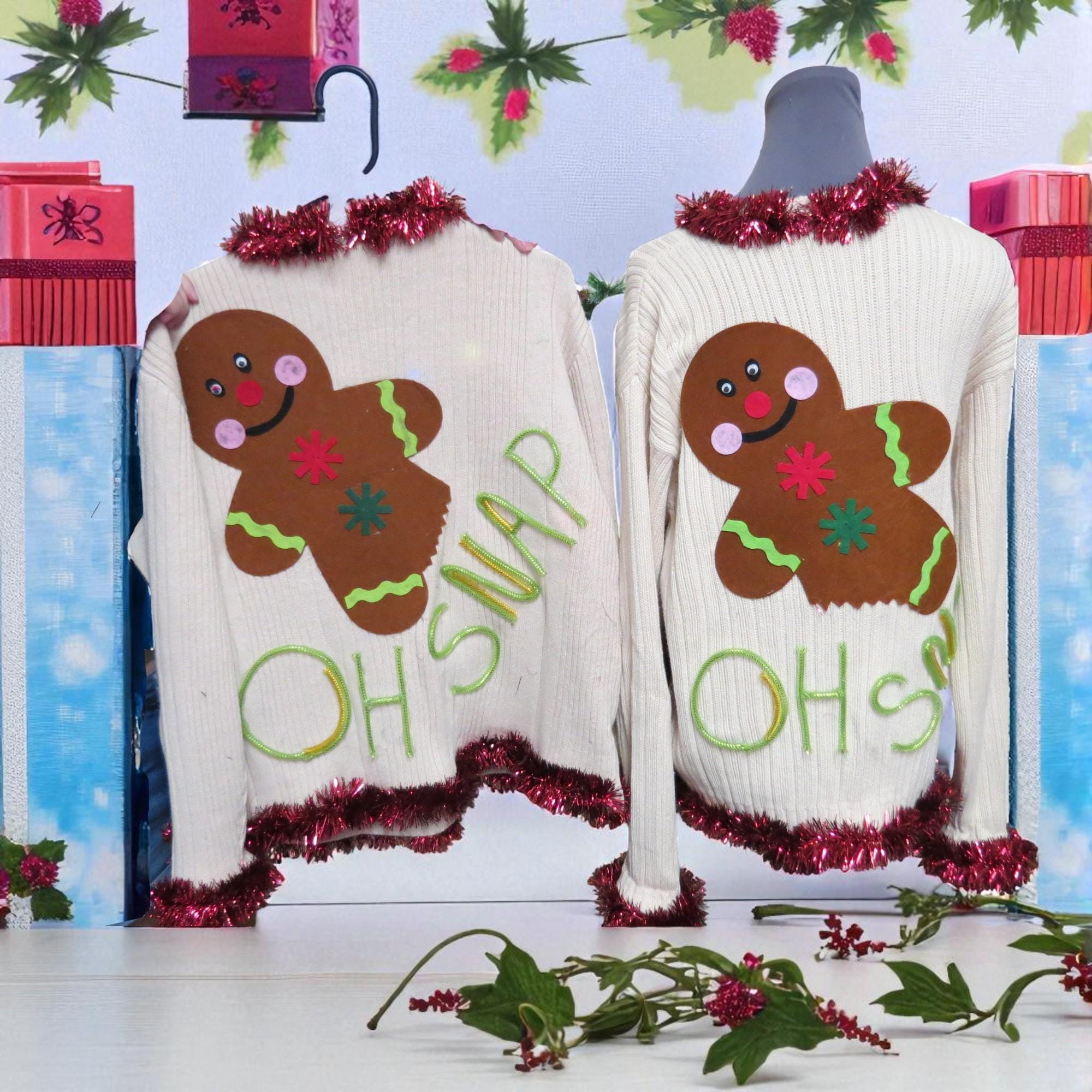 il_2000xN.7259264372_pngv.jpg Matched Set Ugly Christmas Sweaters, Couples Christmas Sweaters, 3d Huge Half n Half Gingerbread Sweater, Hilarious!