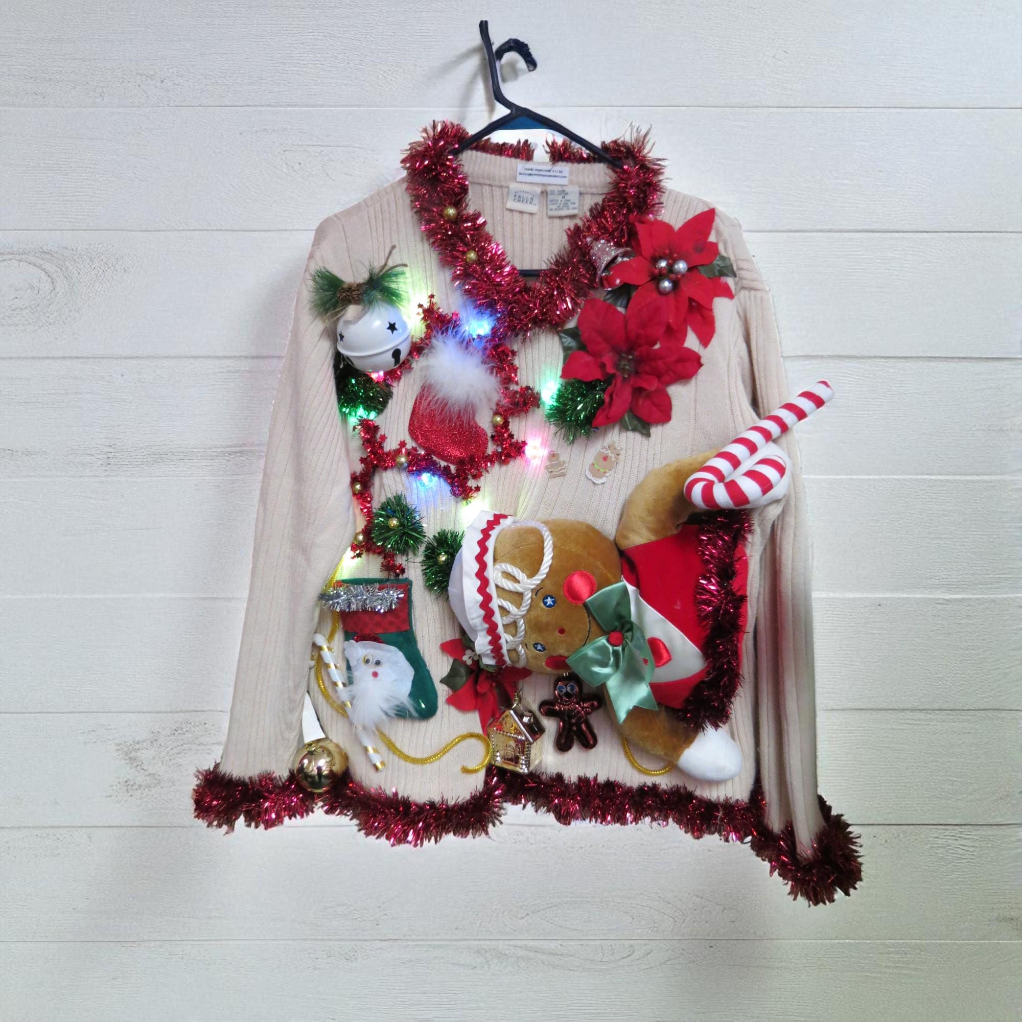 il_2000xN.7259264378_mqtk.jpg Matched Set Ugly Christmas Sweaters, Couples Christmas Sweaters, 3d Huge Half n Half Gingerbread Sweater, Hilarious!