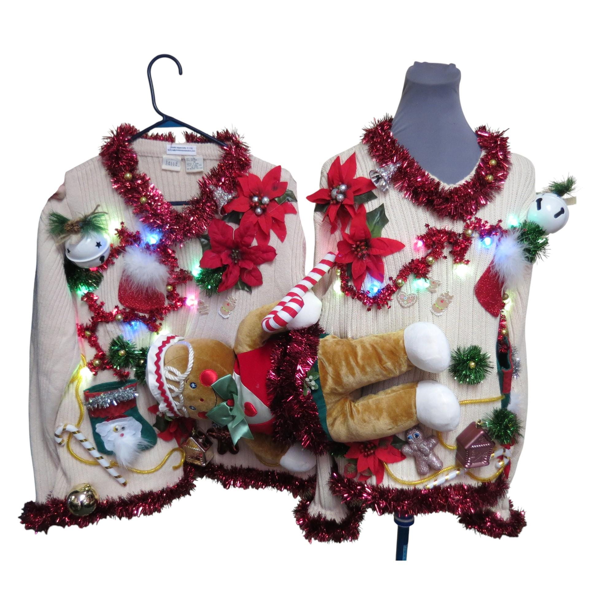 il_2000xN.7259264388_i0pu.jpg Matched Set Ugly Christmas Sweaters, Couples Christmas Sweaters, 3d Huge Half n Half Gingerbread Sweater, Hilarious!