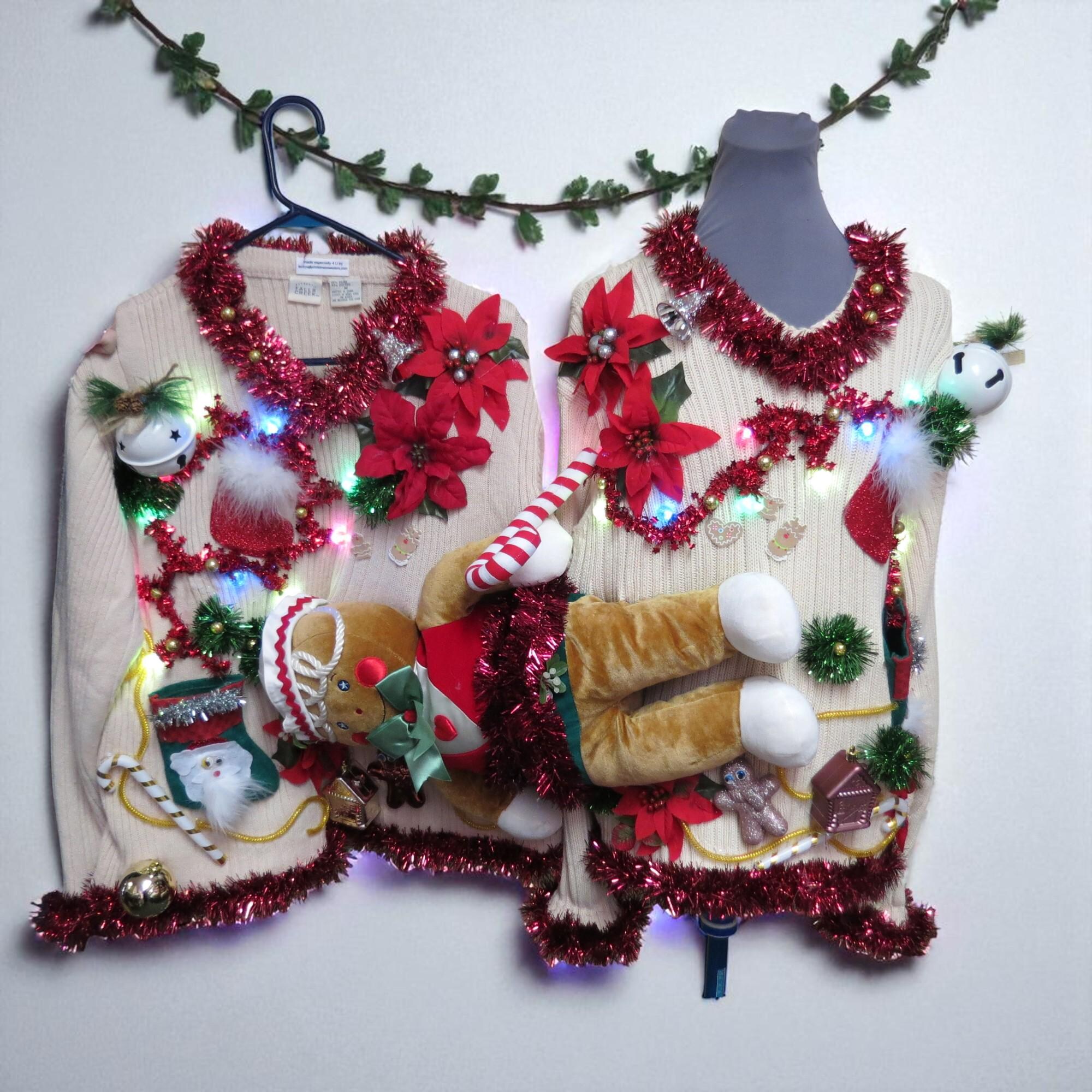 il_2000xN.7259264390_7y33.jpg Matched Set Ugly Christmas Sweaters, Couples Christmas Sweaters, 3d Huge Half n Half Gingerbread Sweater, Hilarious!