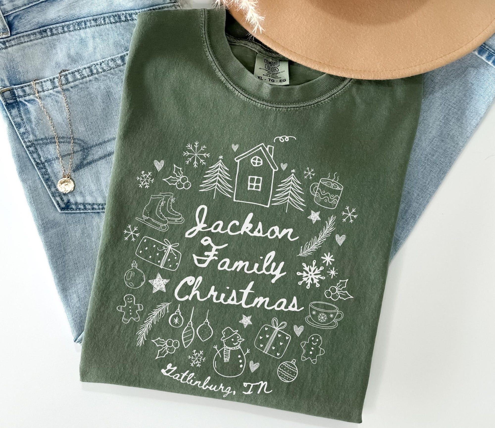 Custom Name Family Christmas T-Shirts: Doodle Christmas Matching Comfort Colors Shirts