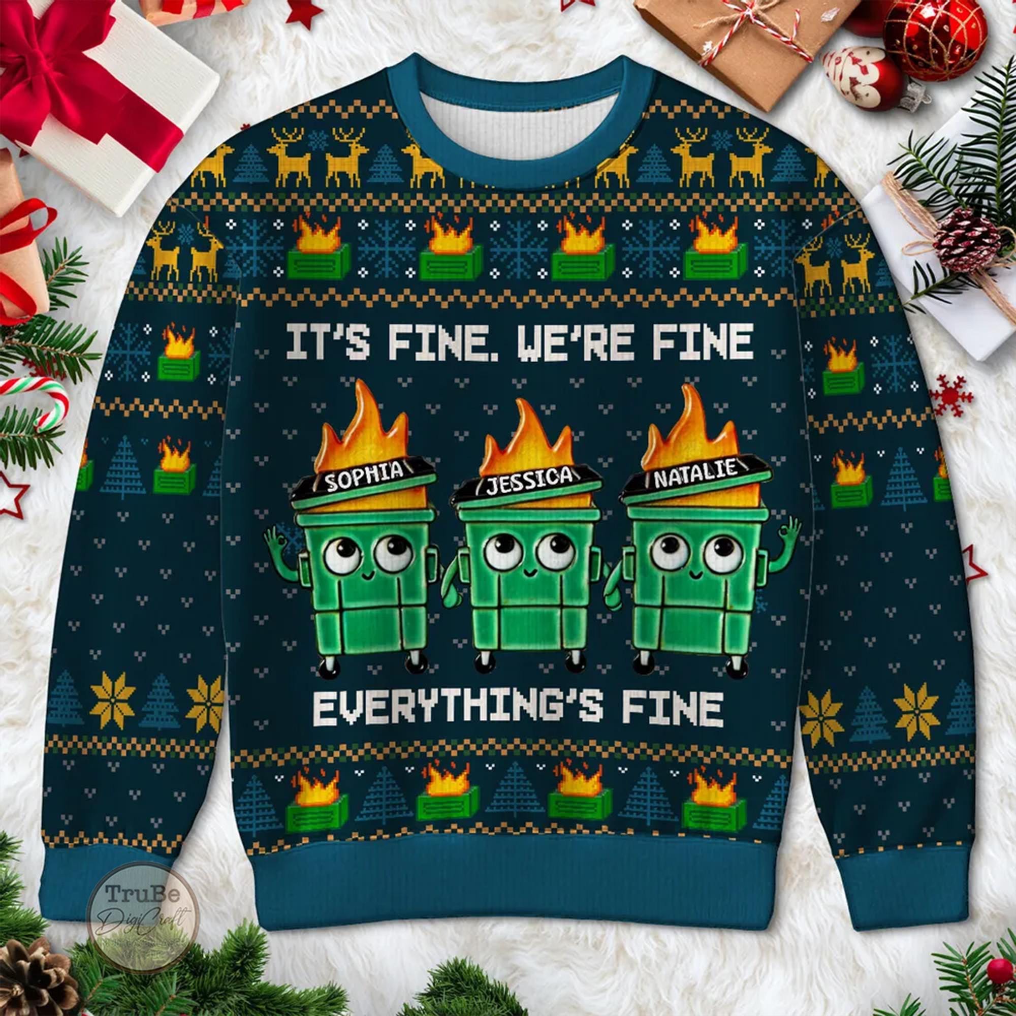 il_2000xN.7262391065_np55.jpg Personalized Dumpster Fire Faux Knitting Ugly Sweater , I'm Fine Everything Is Fine Christmas Sweater, Funny Christmas Gift, Xmas Costume