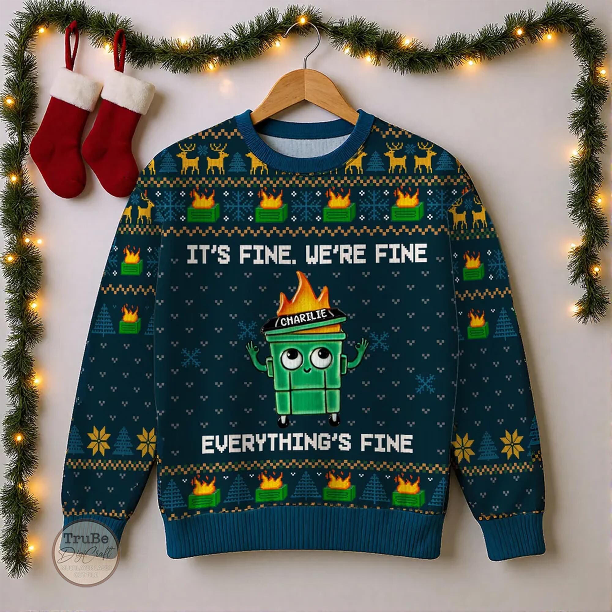 il_2000xN.7262391083_h3wj.jpg Personalized Dumpster Fire Faux Knitting Ugly Sweater , I'm Fine Everything Is Fine Christmas Sweater, Funny Christmas Gift, Xmas Costume