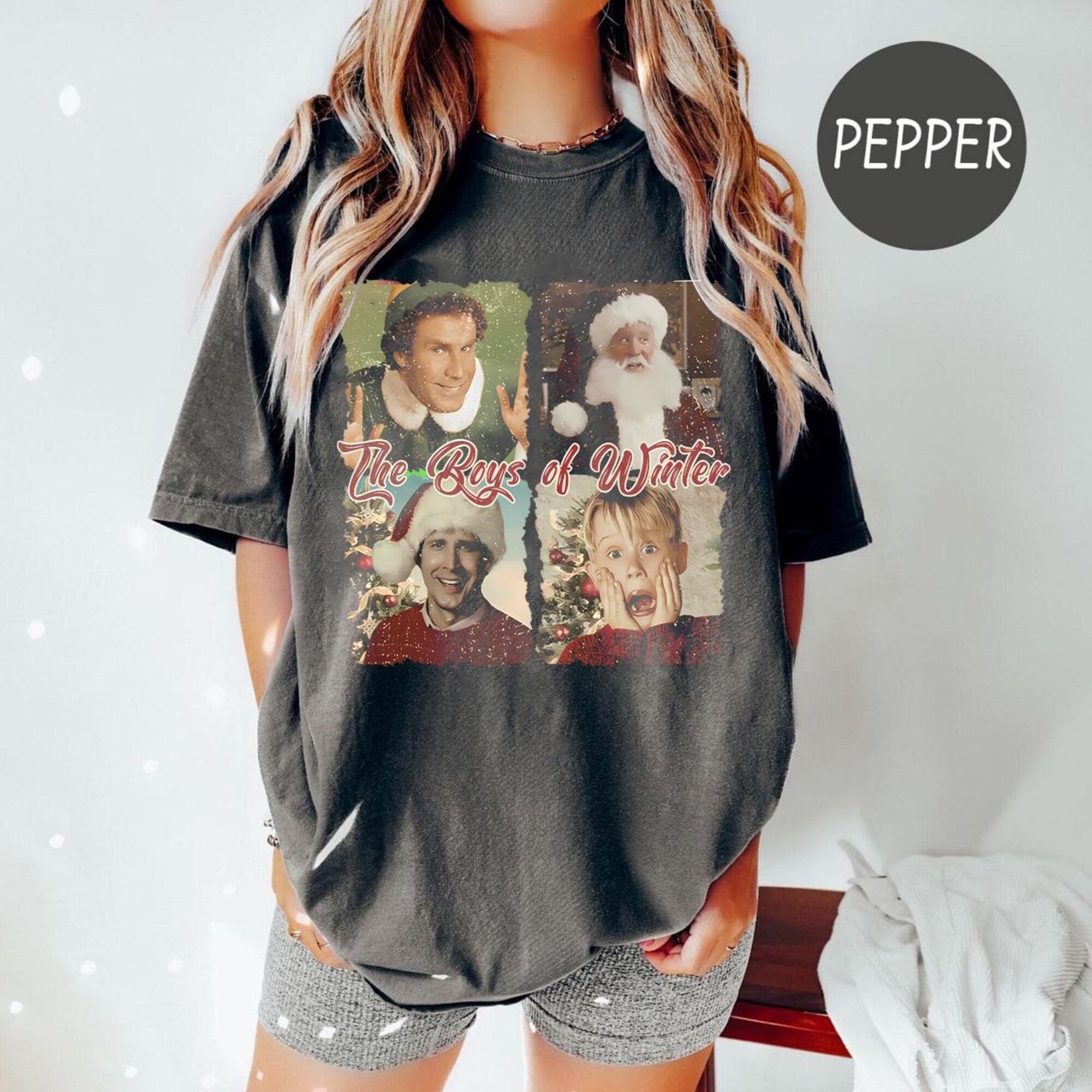 The Boys of Winter Christmas Shirt – Features Buddy the Elf, Santa Claus, Clark Griswold & Kevin McCallister | Classic Funny Holiday Tee