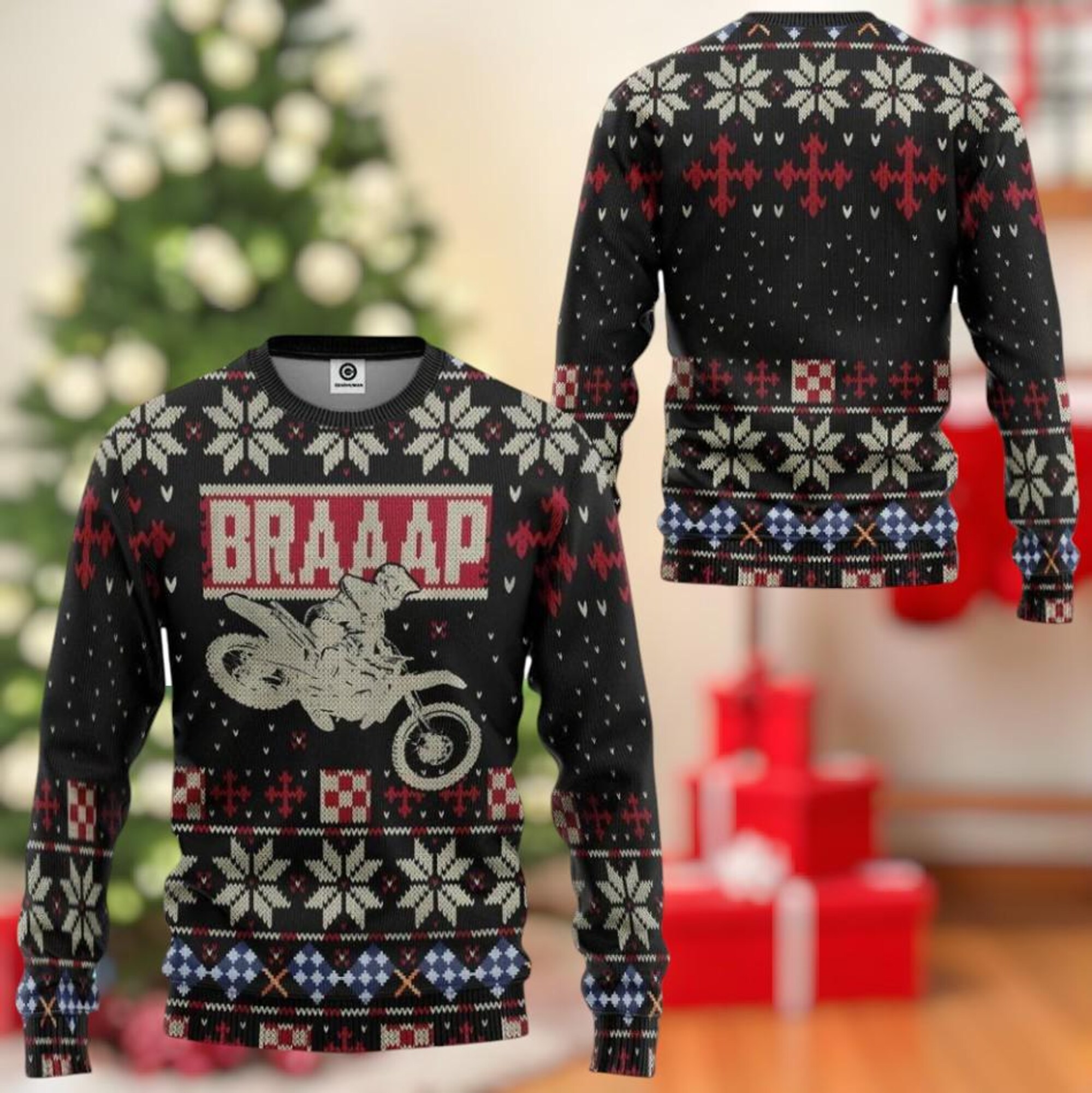Motocross Ugly Christmas Sweater, Funny Dirt Bike Holiday Sweater, Biker Xmas Jumper, Unisex Winter Racing Outfit, Rider Gift