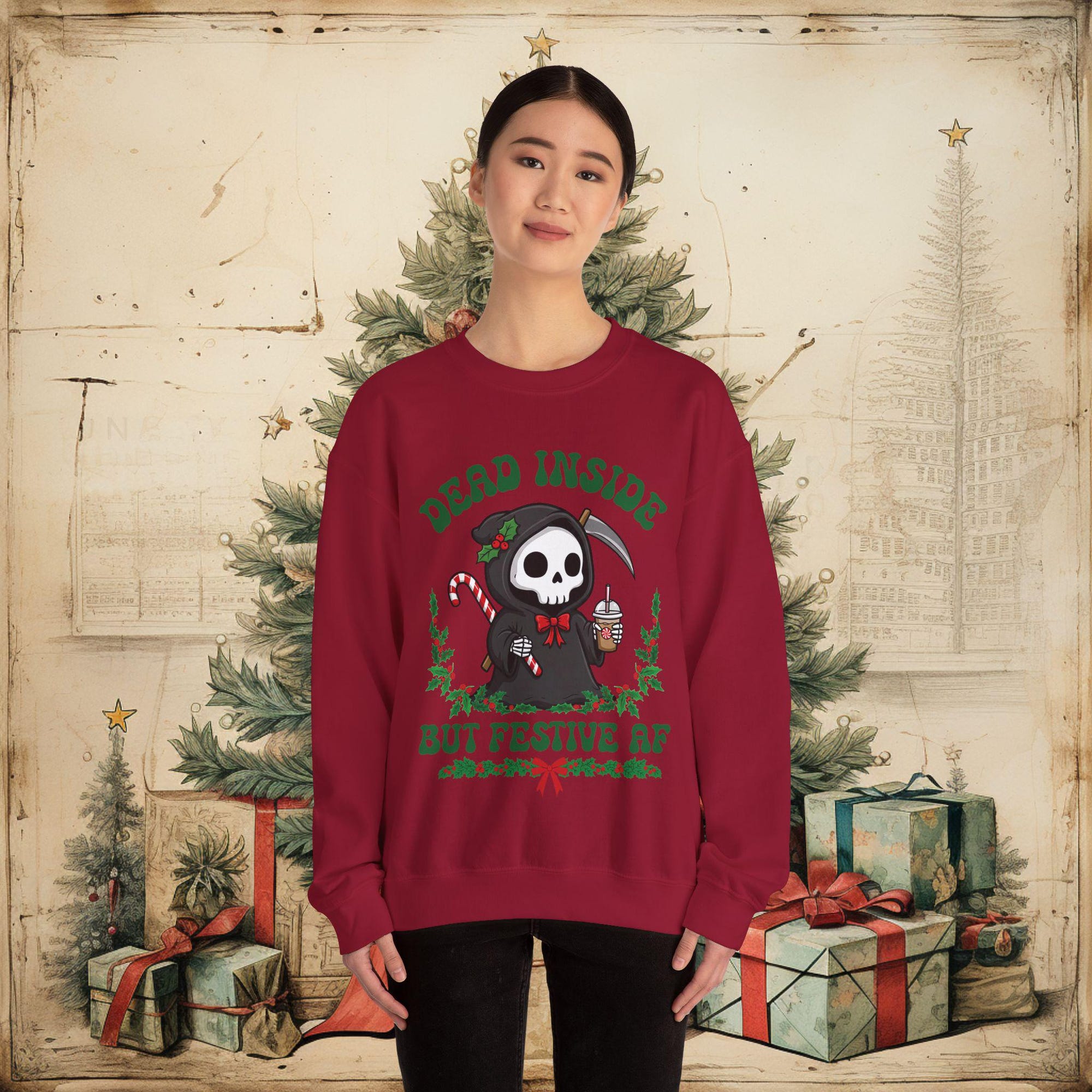 il_2000xN.7265899691_srr3-1.jpg Dead Inside But Festive AF Grim Reaper Christmas Sweatshirt: Merry Creepmas Gildan Crewneck