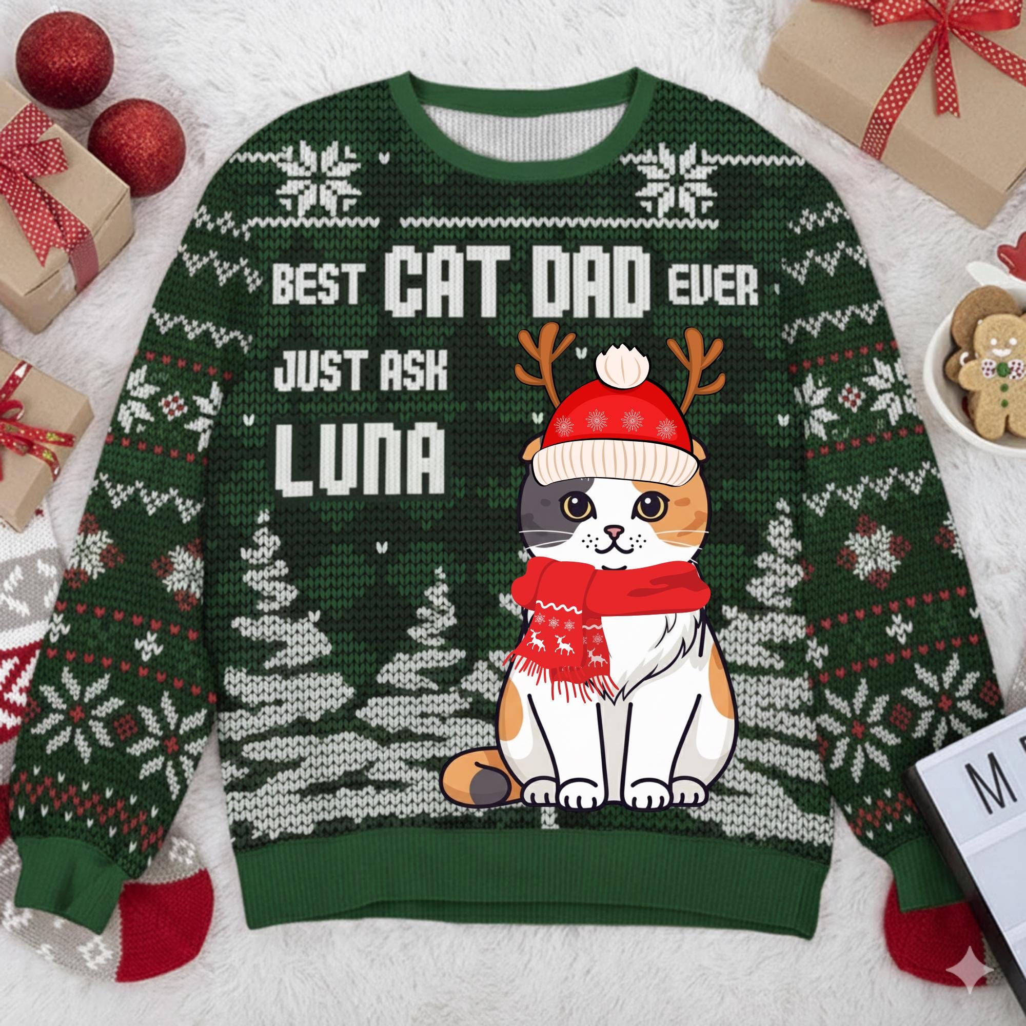Best Cat Dad Ever Just Ask Name Ugly Christmas Sweater Personalized Pet Name Jumper Funny Cat Father Gift Xmas Party Outfit Pet Lover Top