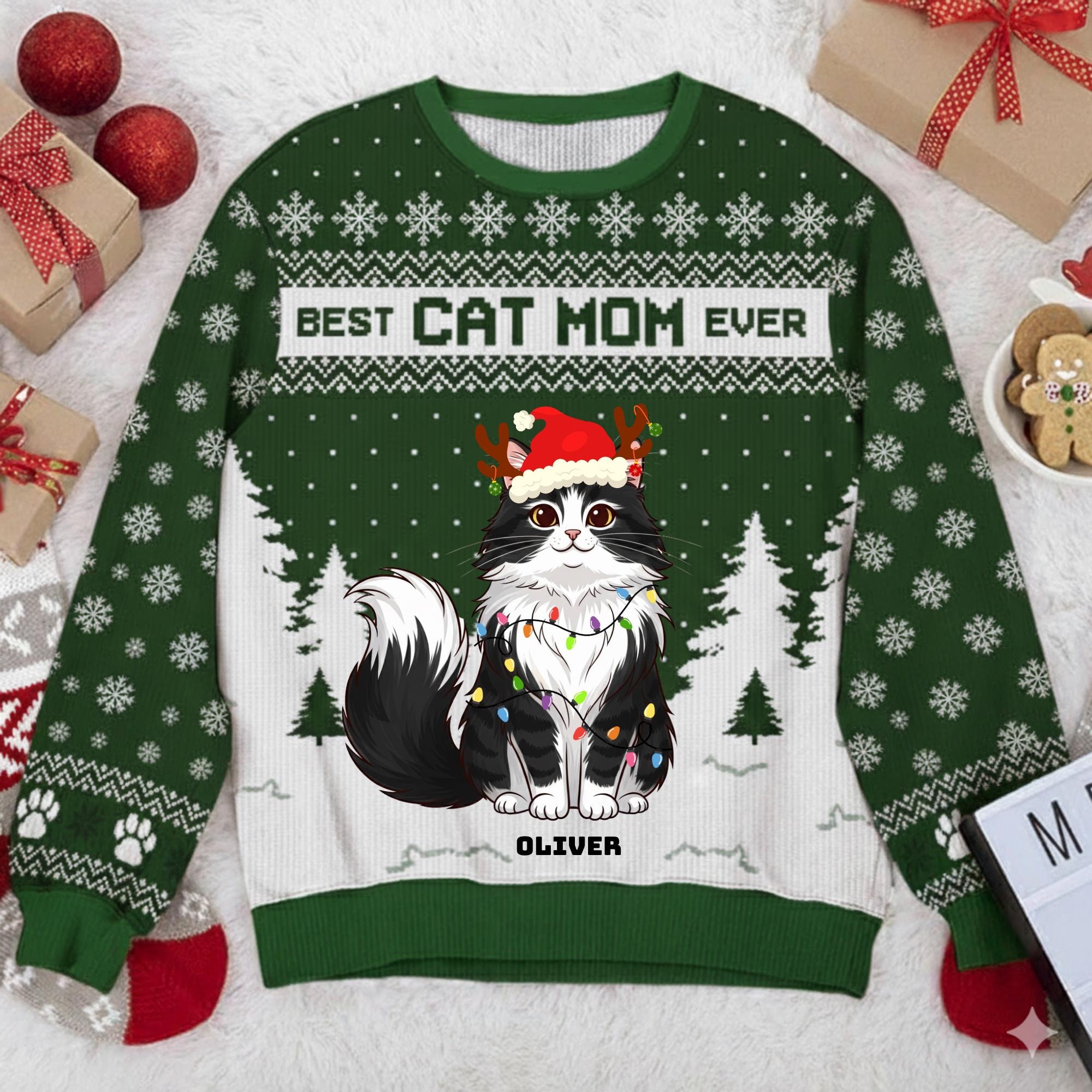 Best Cat Mom Dad Ever Ugly Christmas Sweater Personalized Pet Name Jumper Custom Cat Owner Gift Xmas Party Outfit Feline Lover Top