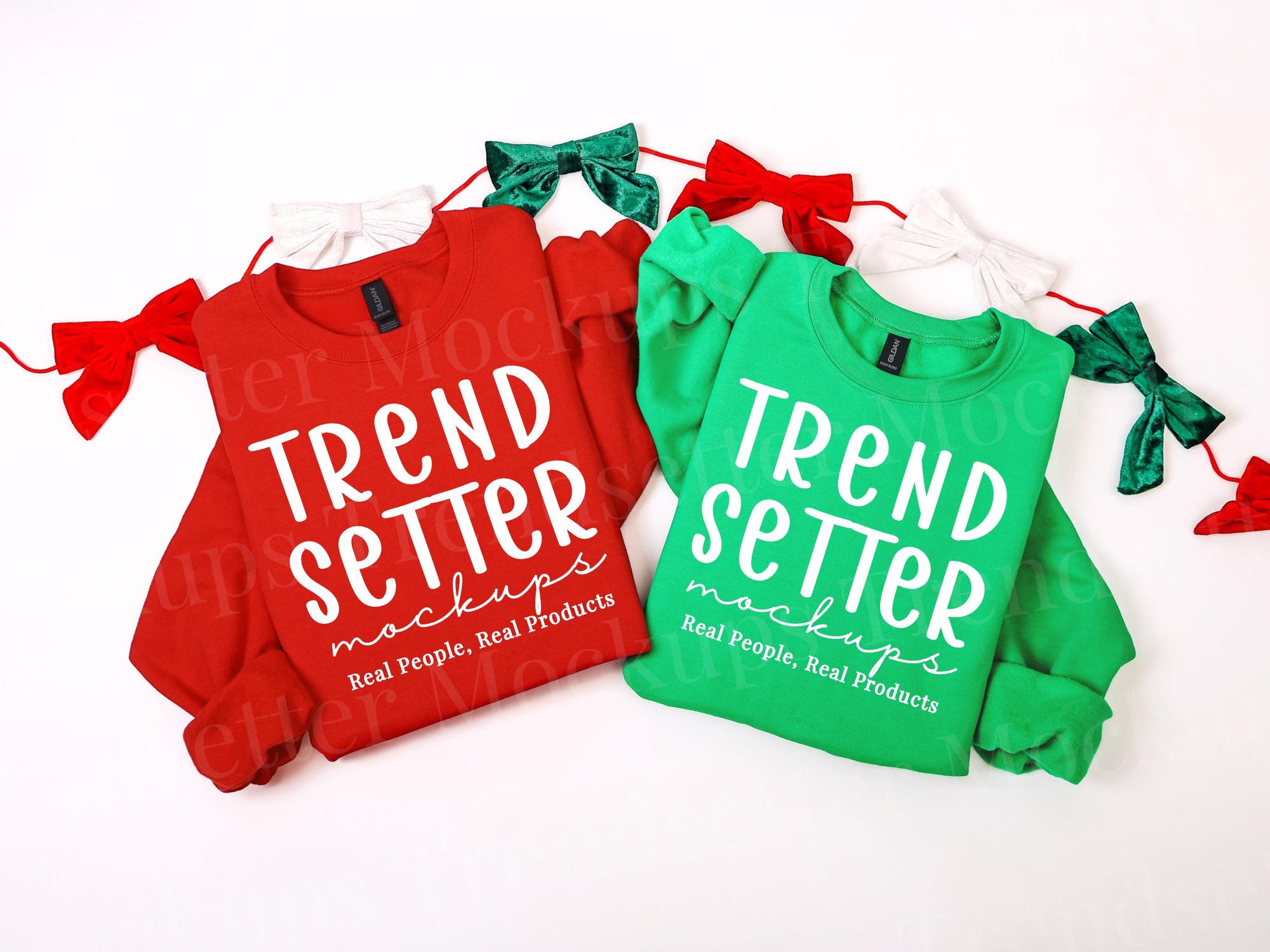 Gildan 18000 Red and Irish Green Christmas Sweatshirt Mockup: G18000 Flatlay, Holiday Couples Aesthetic, Real Photography for POD