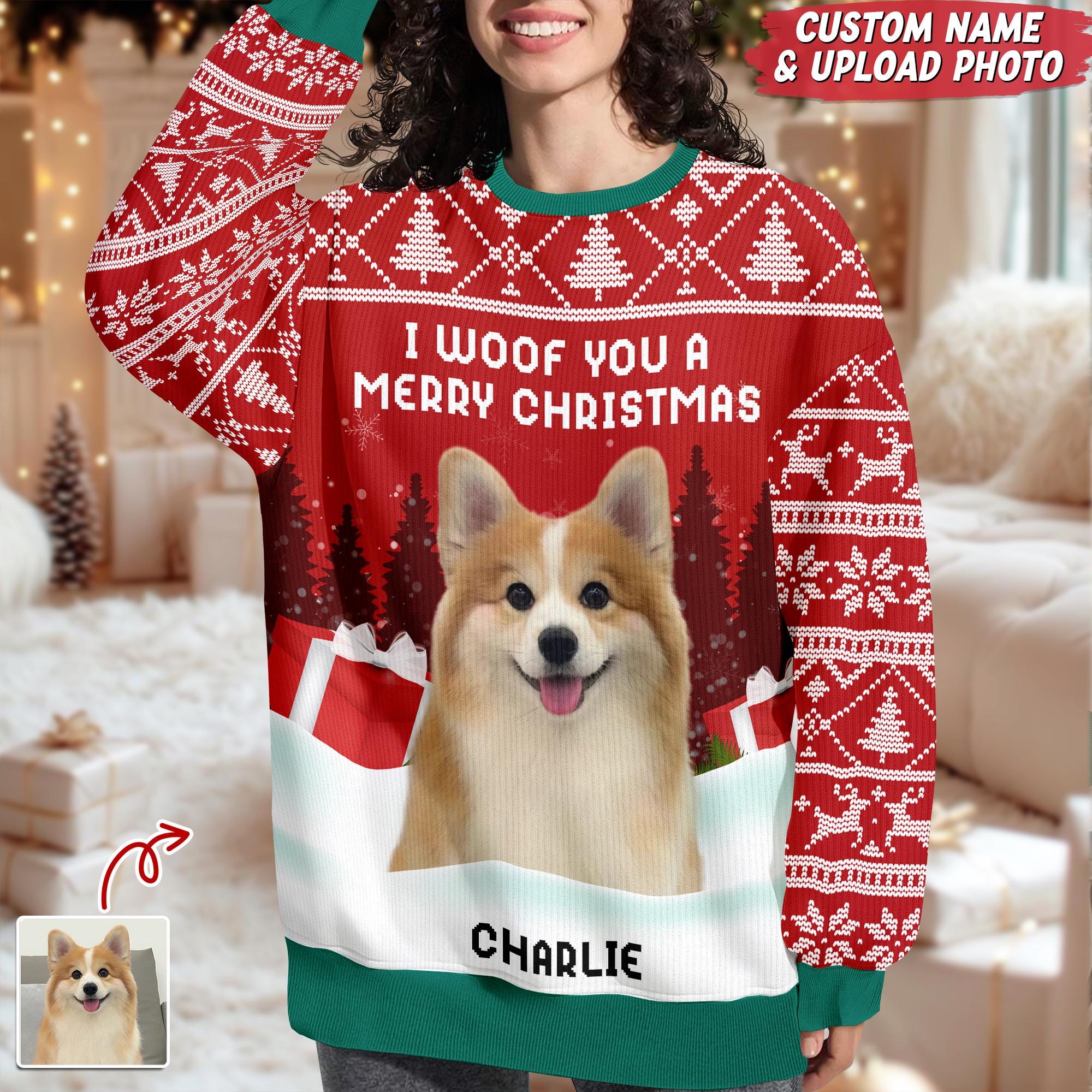 Personalized Dog Ugly Christmas Sweater, Custom Photo Pet Christmas Jumper, ‘I Woof You’ Pet Lover Gift
