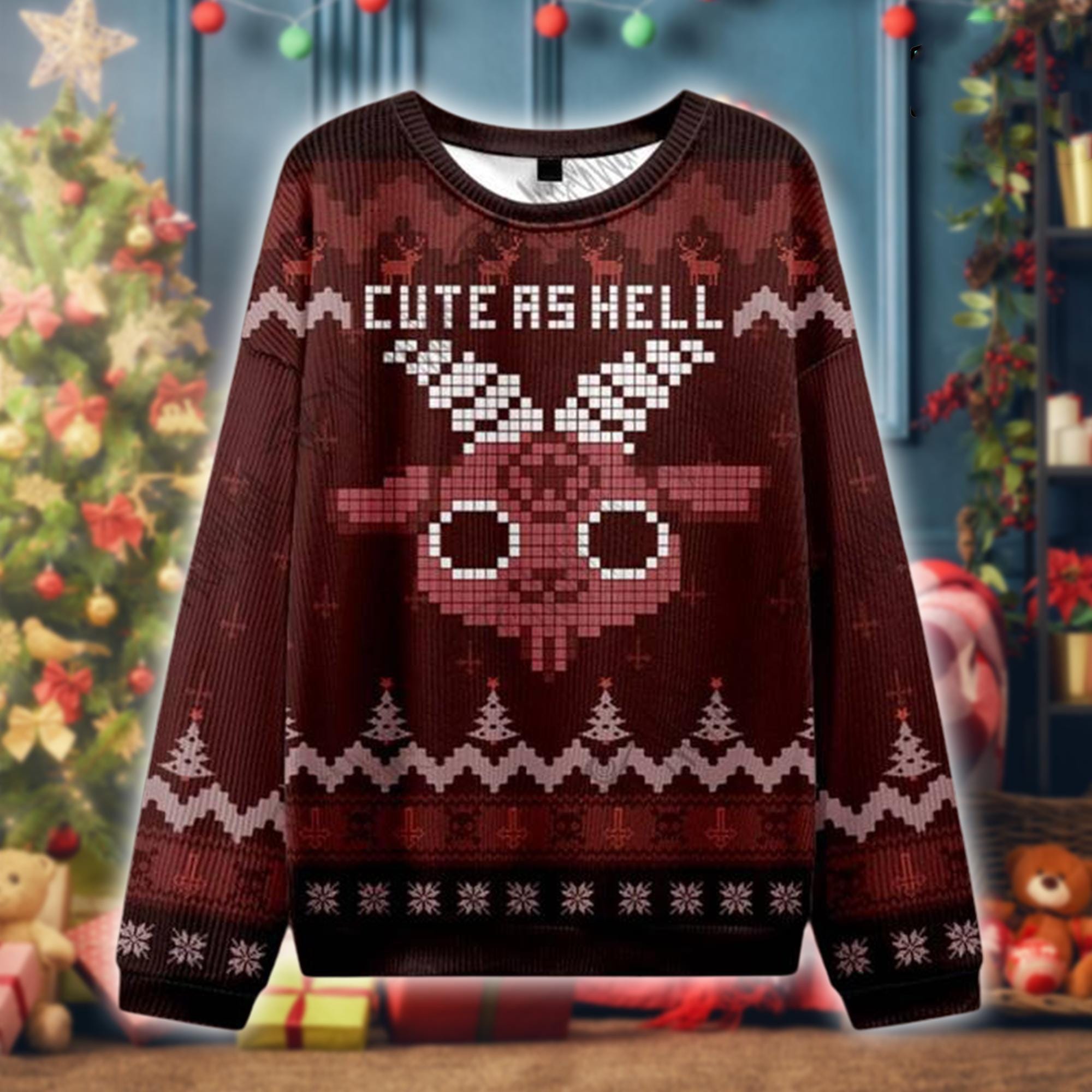 Cute as Hell Ugly Christmas Sweater, Demon Goat Holiday Pullover, Funny Occult Xmas Jumper, Alternative Satanic Winter Outfit for Her/Him