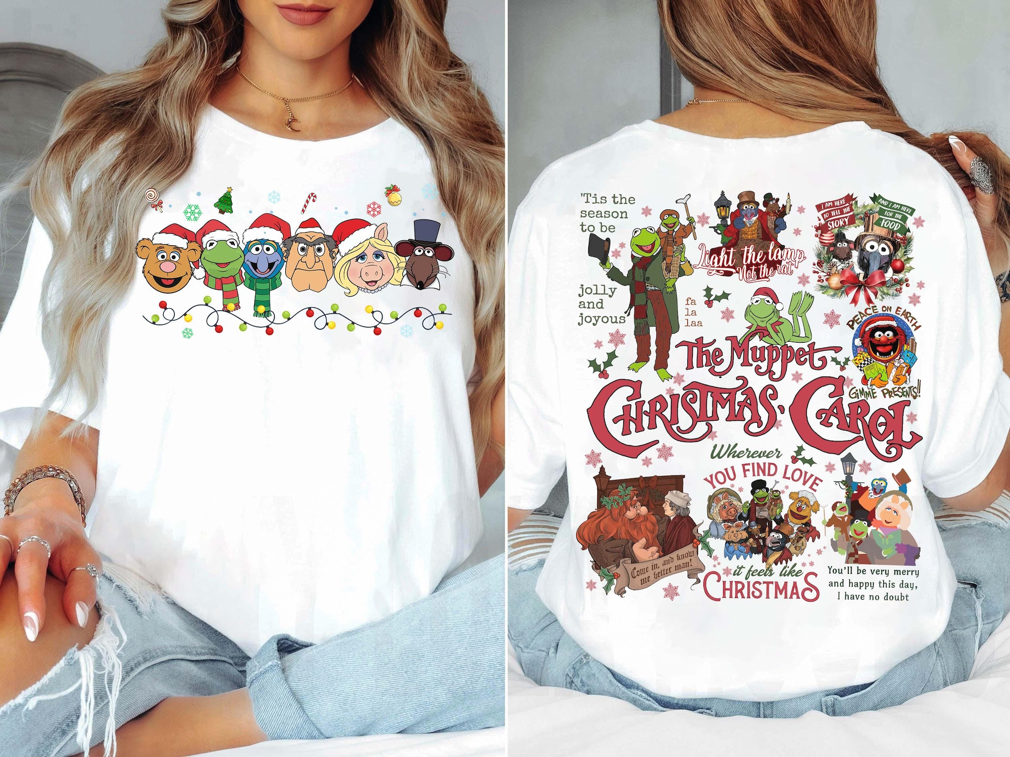 il_2000xN.7271298905_8w7n.jpg 2-sided The Muppets Christmas Carol shirt Christmas Lights, Gonzo and Rizzo Miss Piggy Scrooge Kermit Fozzie Bear, Disneyland Christmas Tee