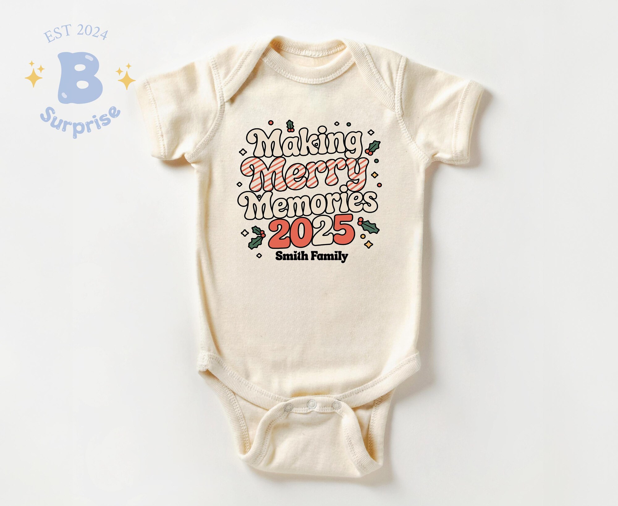 il_2000xN.7271396629_s8n1-1.jpg Making Merry Memories Family Christmas Shirt or Baby Bodysuit - Custom Retro Holiday Tee Natural 2025
