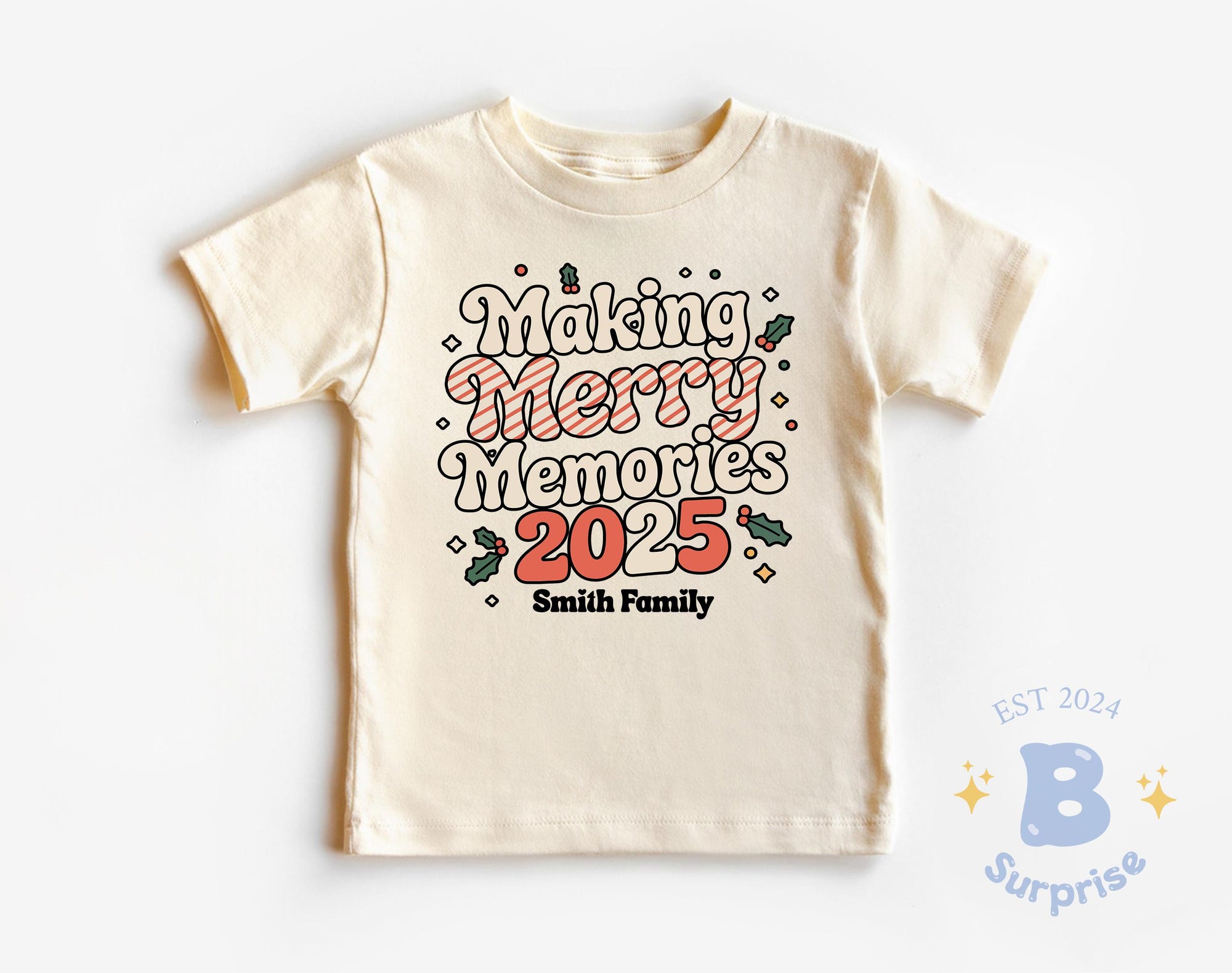 il_2000xN.7271396673_e0fm-1.jpg Making Merry Memories Family Christmas Shirt or Baby Bodysuit - Custom Retro Holiday Tee Natural 2025