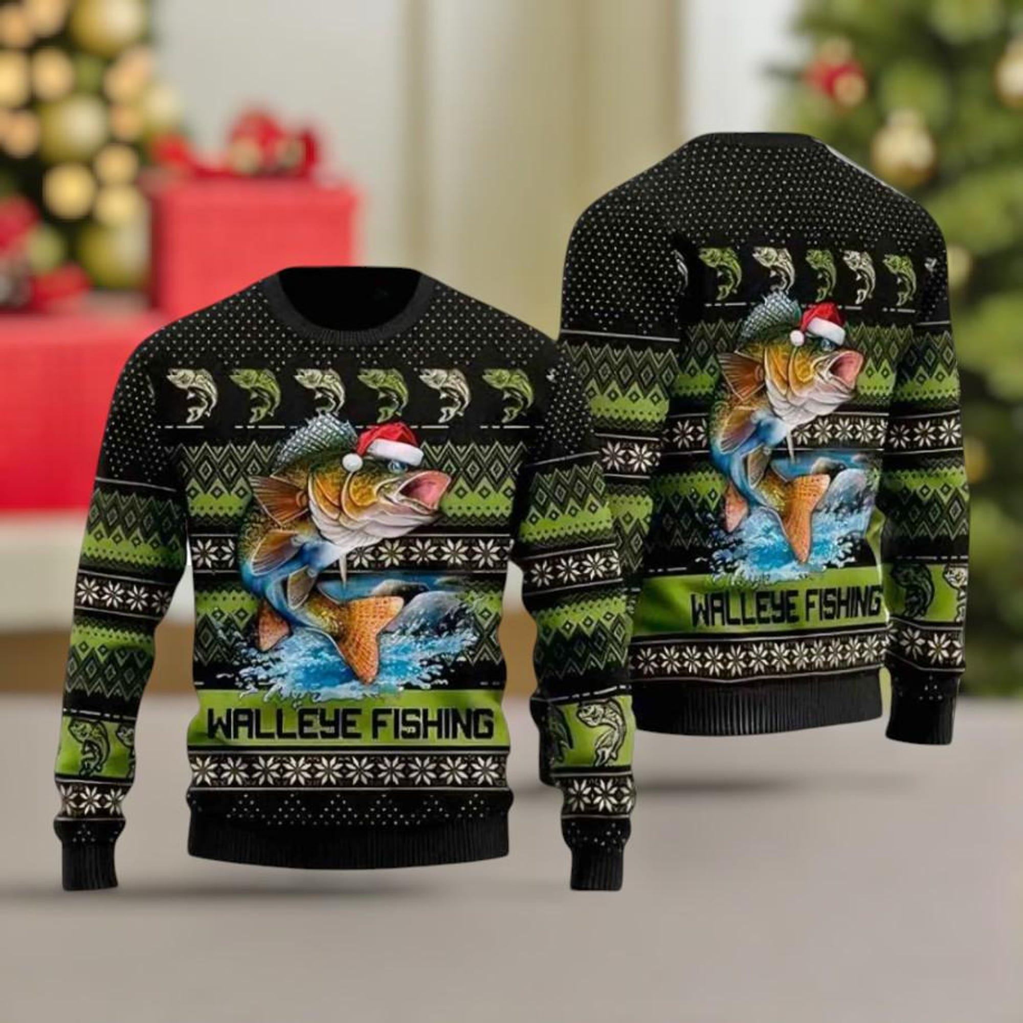 Walleye Fishing Christmas Sweater, Funny Fisherman Ugly Xmas Jumper, Holiday Outdoor Pullover, Gift for Men Who Love Fishing, holiday gift